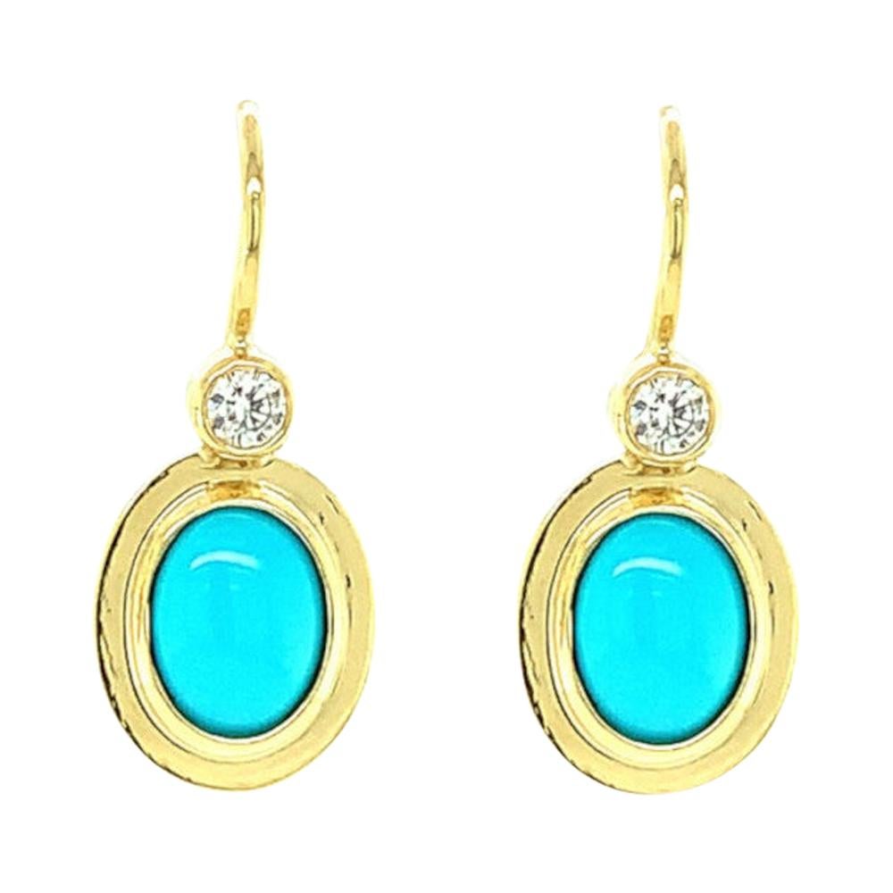 Sleeping Beauty Turquoise and Diamond Drop Earrings in Yellow Gold For Sale
