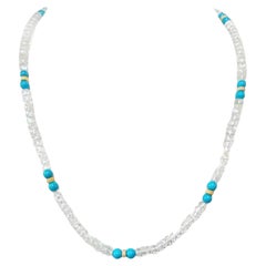 Sleeping Beauty Turquoise and Facetted Moonstone Bead Necklace Gold Accents