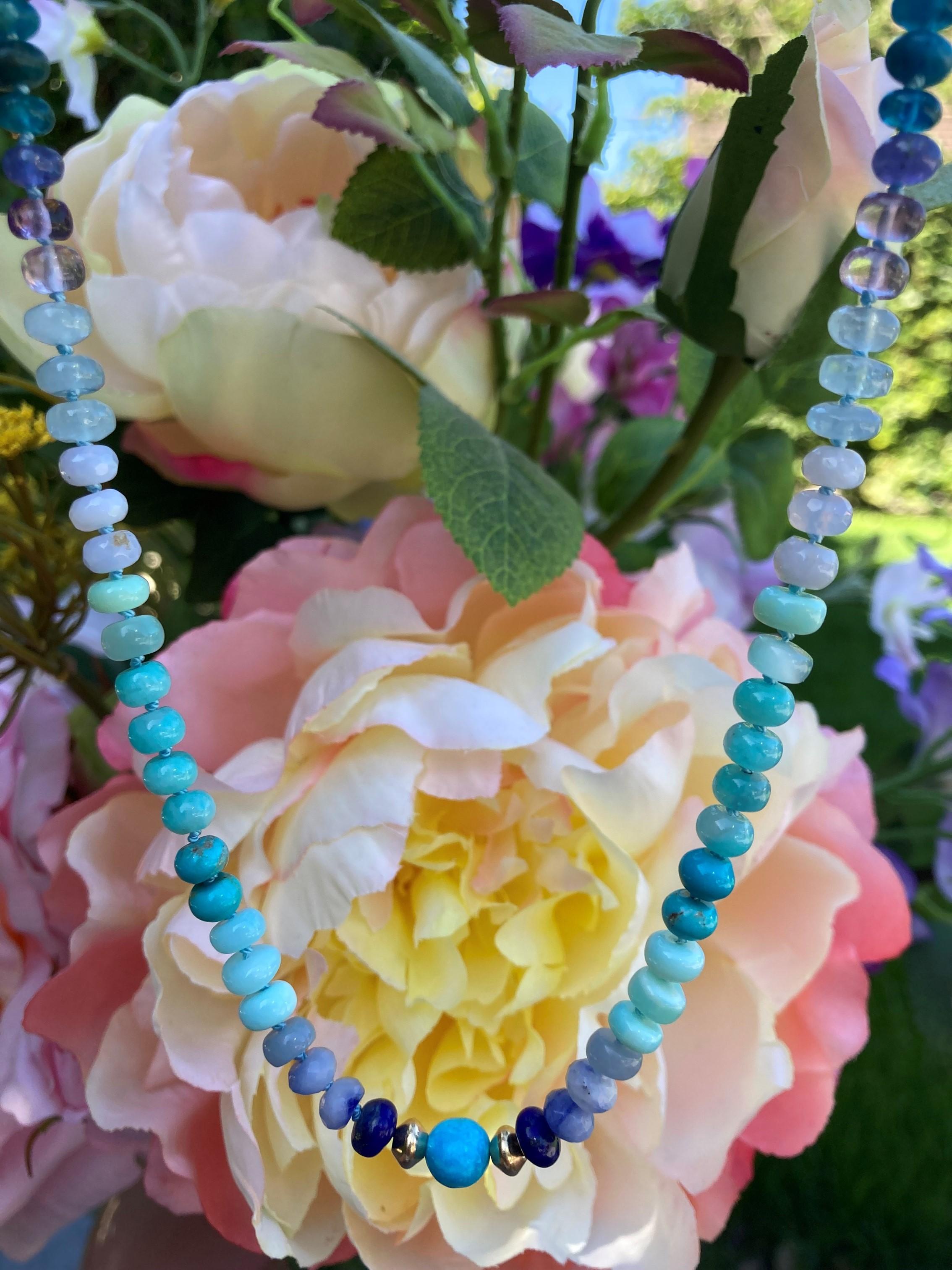 Modern Large Sleeping Beauty and Sapphire Beaded 14K Yellow Gold Necklace For Sale