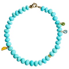 Sleeping Beauty Turquoise and Peridot 14K Gold Charm Bracelet