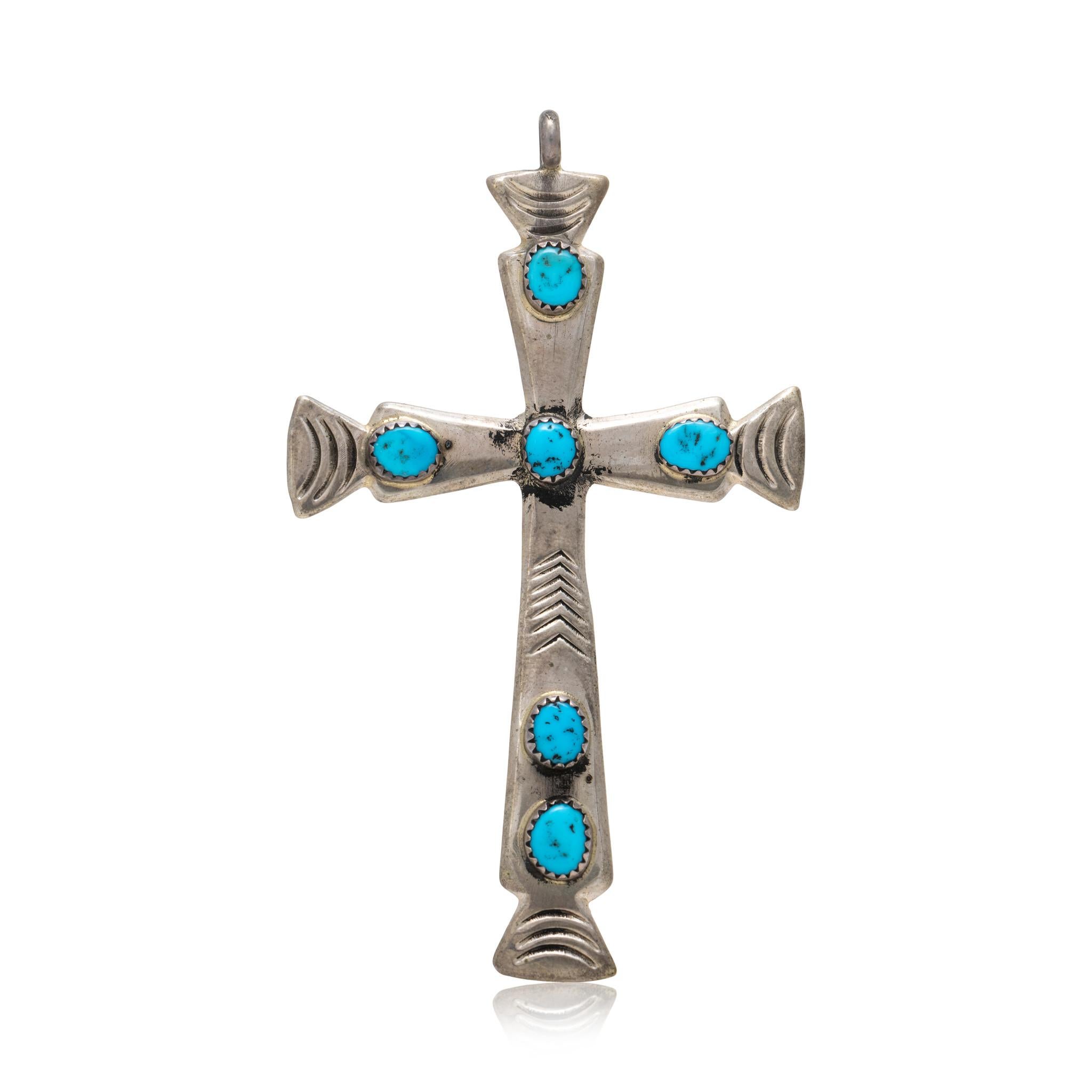 Native American Sleeping Beauty Turquoise and Sterling Silver Cross Pendant For Sale