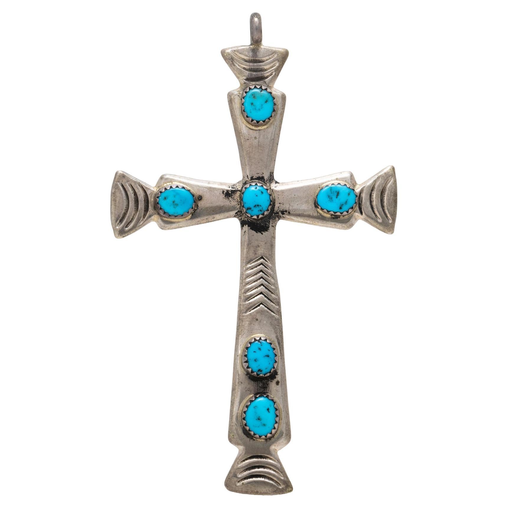 Sleeping Beauty Turquoise and Sterling Silver Cross Pendant For Sale
