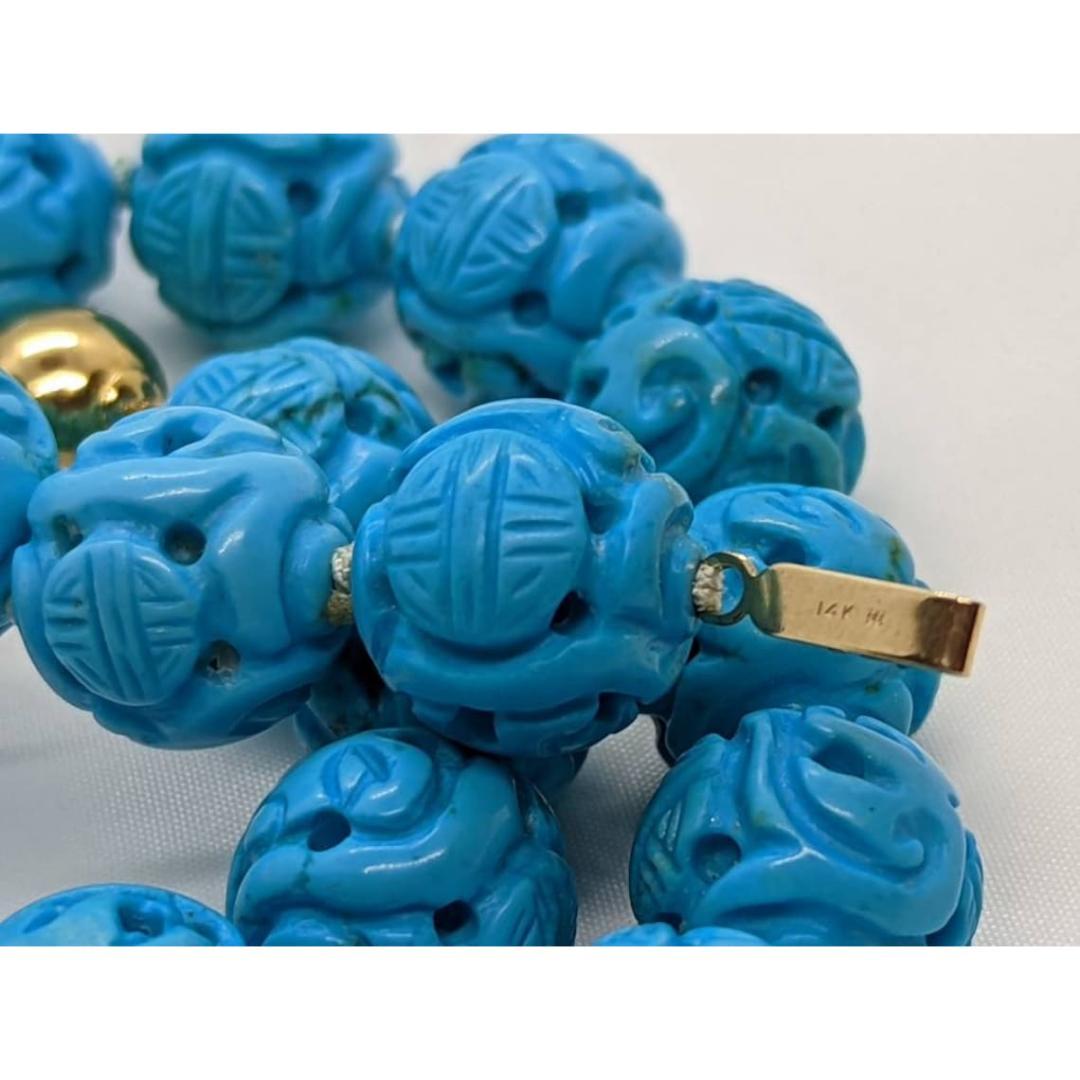 Women's Sleeping Beauty Turquoise Bead Necklace. Hand Carved 14mm Shou Dragon Beads. For Sale