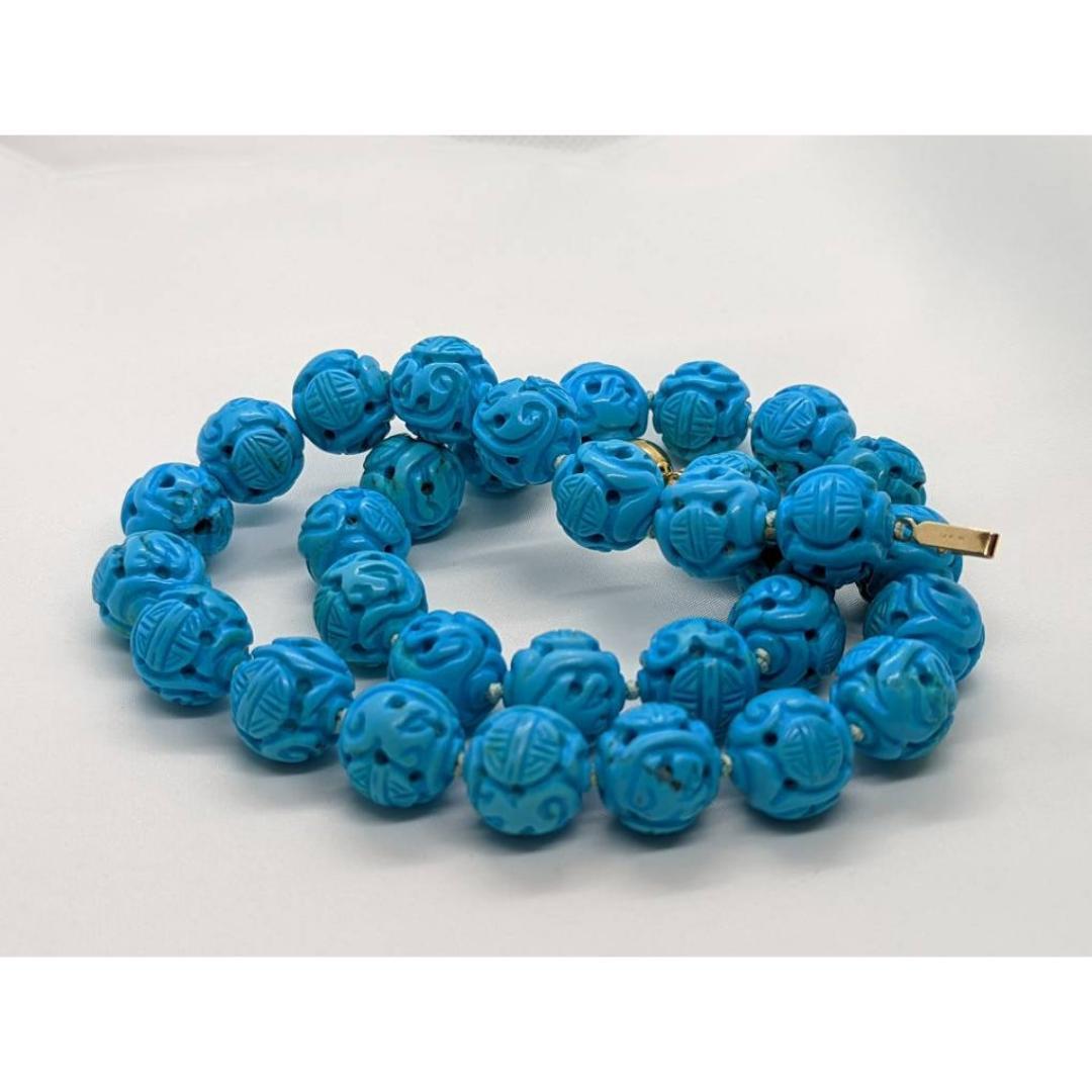 Sleeping Beauty Turquoise Bead Necklace. Hand Carved 14mm Shou Dragon Beads. For Sale 1