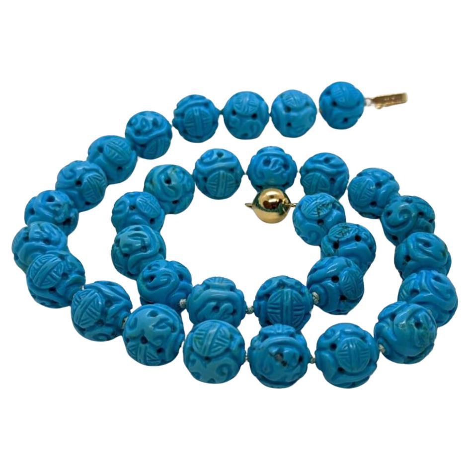 Sleeping Beauty Turquoise Bead Necklace. Hand Carved 14mm Shou Dragon Beads. For Sale