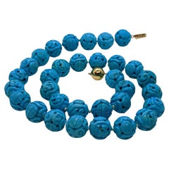Sleeping Beauty Turquoise Bead Necklace. Hand Carved 14mm Shou Dragon Beads.