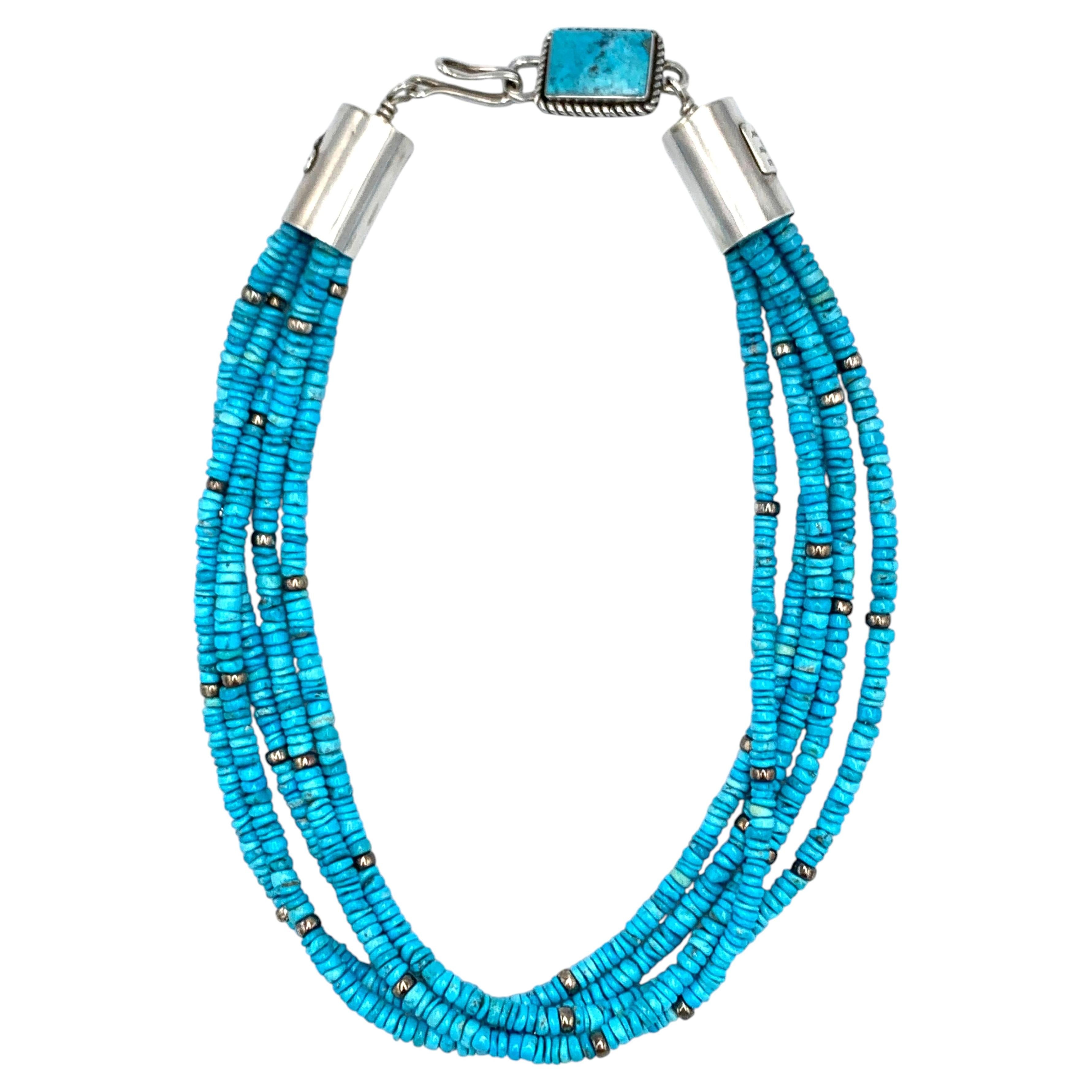 Sleeping Beauty Turquoise Beaded Necklace by Navajo Silversmith Albert Lee en vente