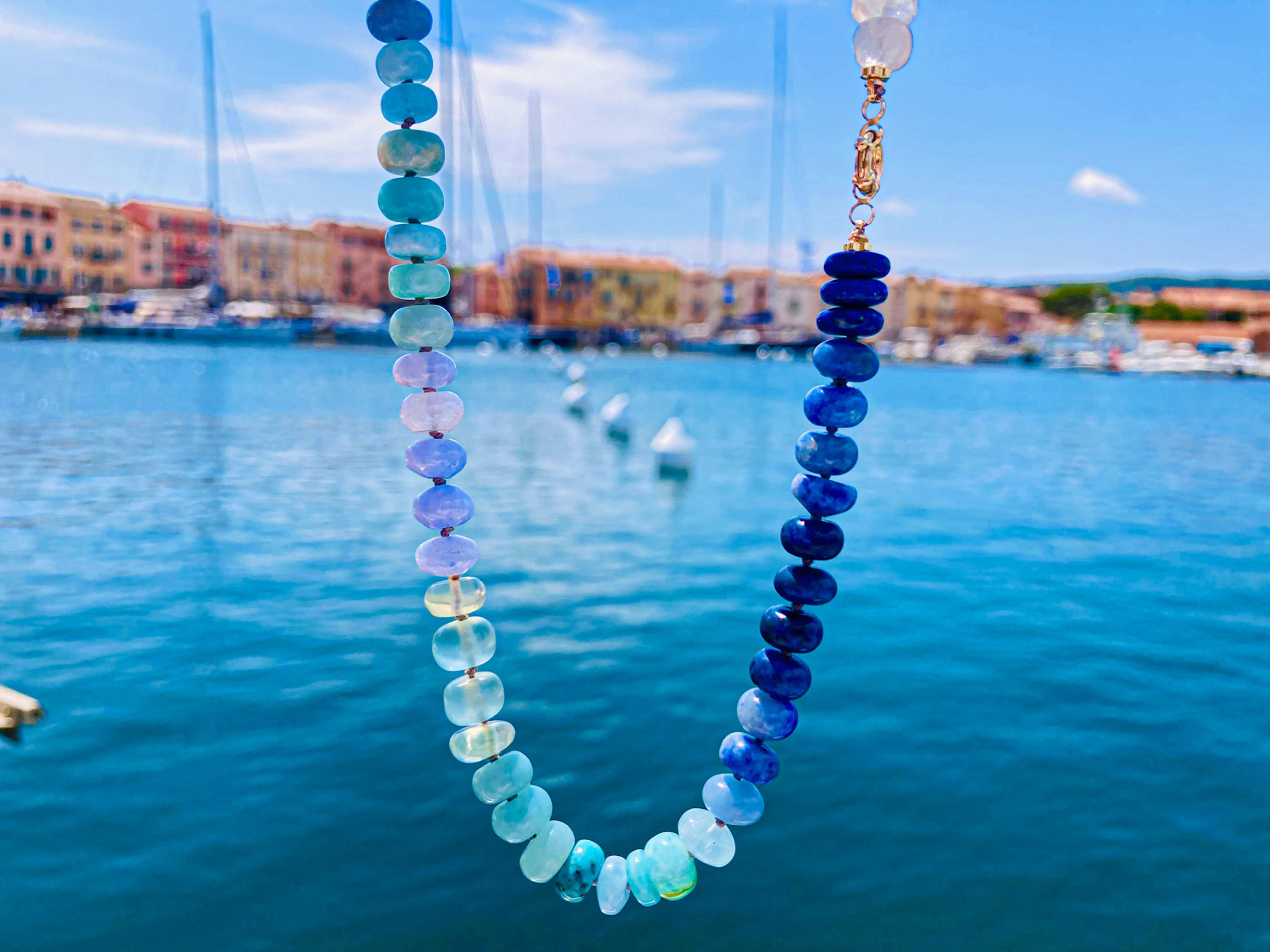 Modern Arizona Sleeping Beauty Turquoise and Opal Beaded Yellow Gold Necklace For Sale