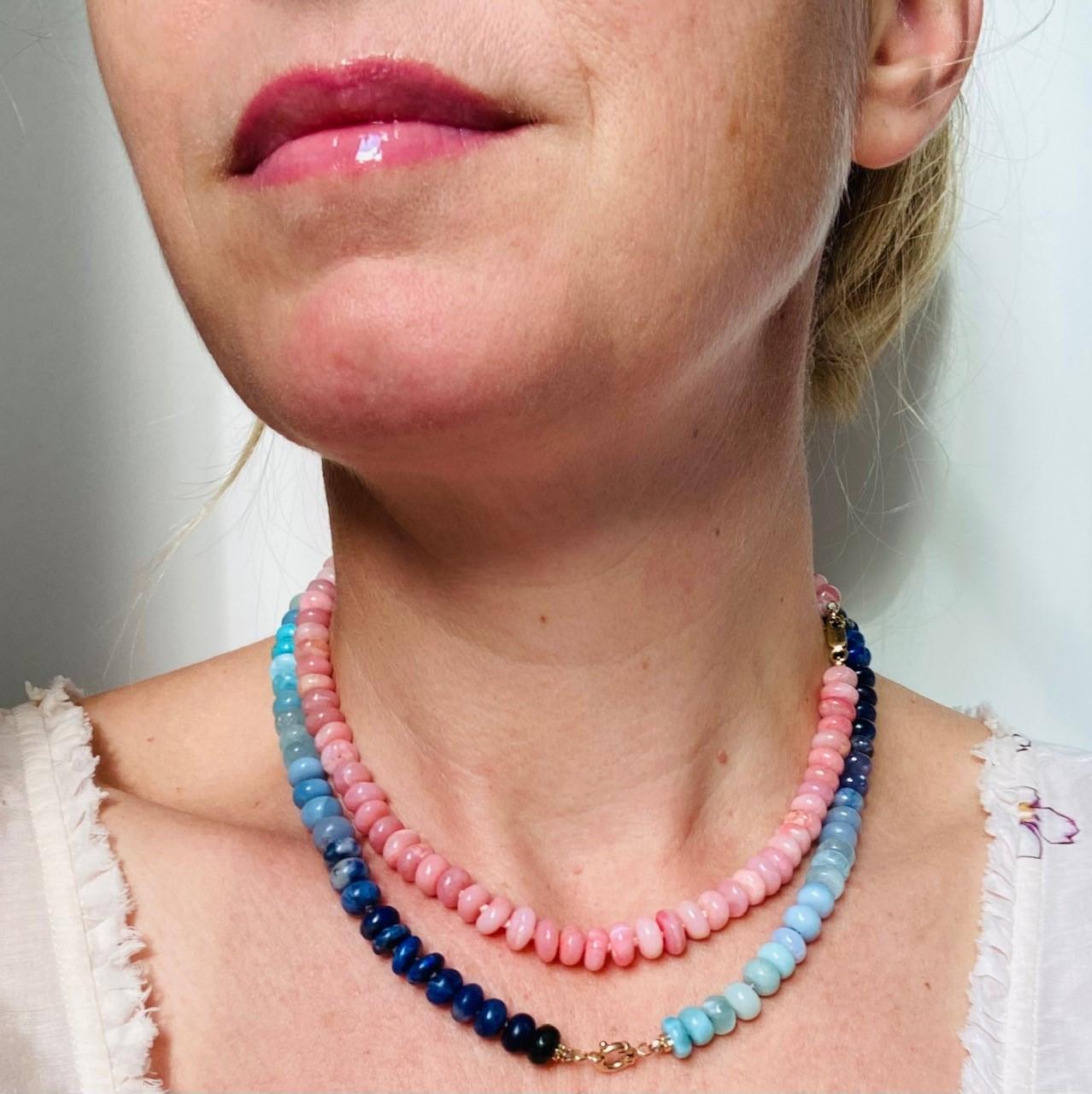 Women's or Men's Arizona Sleeping Beauty Turquoise and Opal Beaded Yellow Gold Necklace For Sale