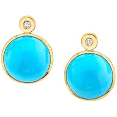 Sleeping Beauty Turquoise Cabochon and Diamond 18 Karat Yellow Gold Earrings