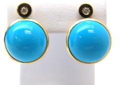 Sleeping Beauty Turquoise Cabochon and Diamond 18 Karat Yellow Gold Earrings