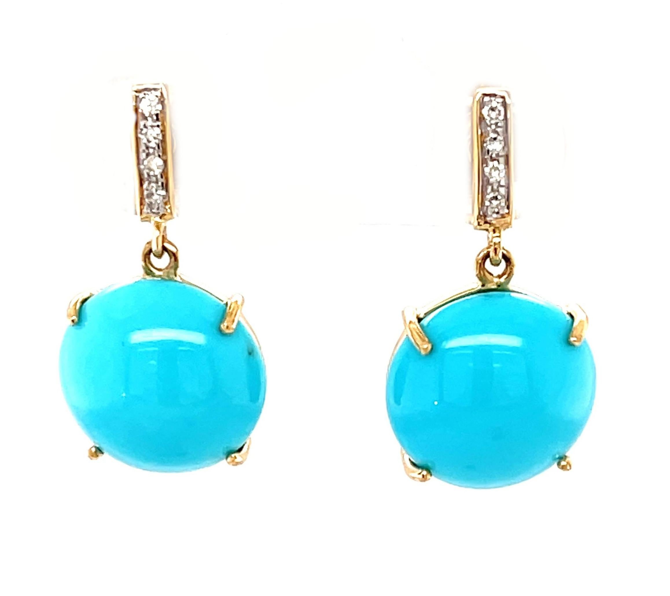 Dornröschen Türkis Cabochons Diamant Tropfen Ohrringe in Gelbgold im Angebot 4