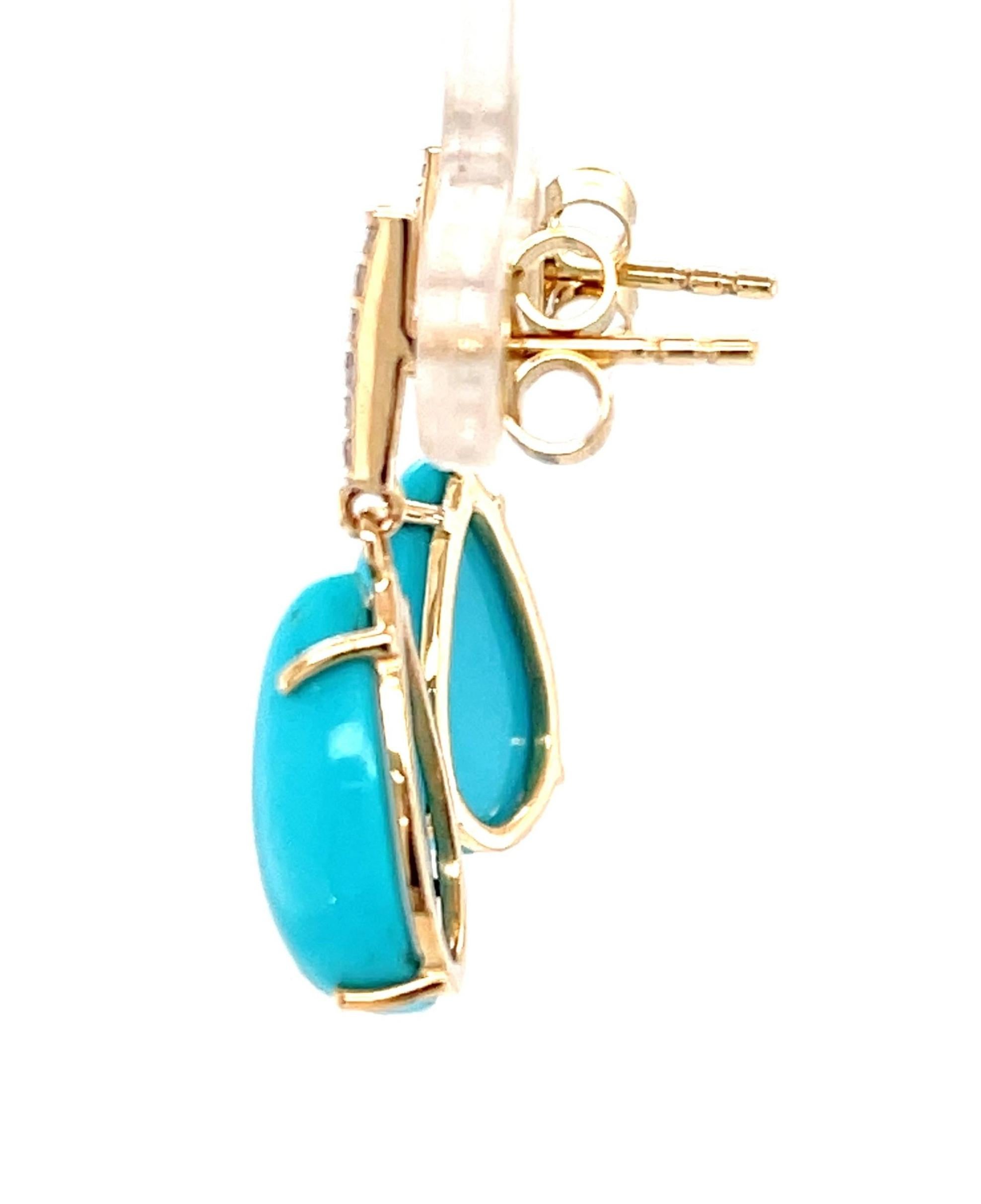 Artisan Sleeping Beauty Turquoise Cabochons Diamond Drop Earrings in Yellow Gold