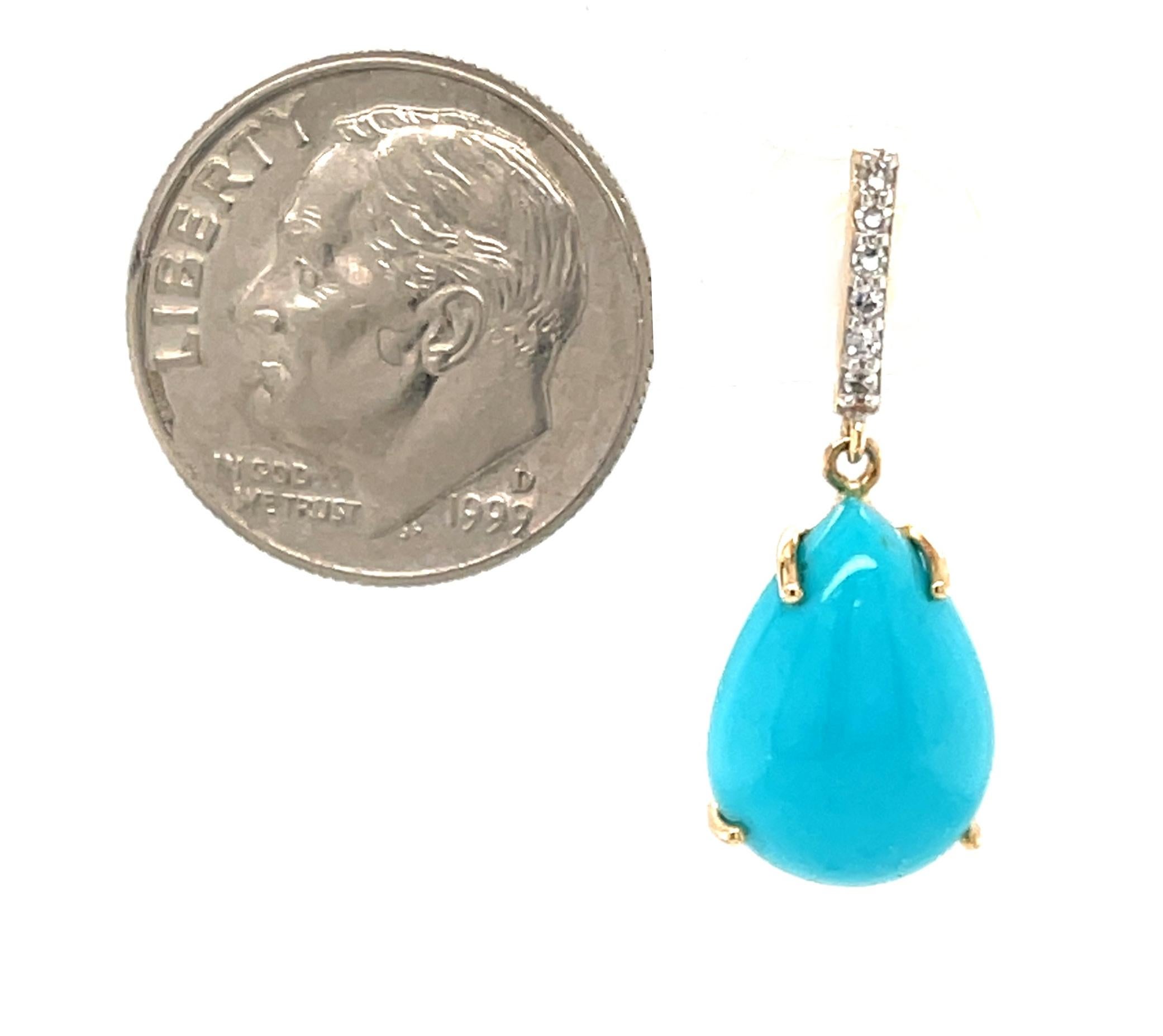 Pear Cut Sleeping Beauty Turquoise Cabochons Diamond Drop Earrings in Yellow Gold