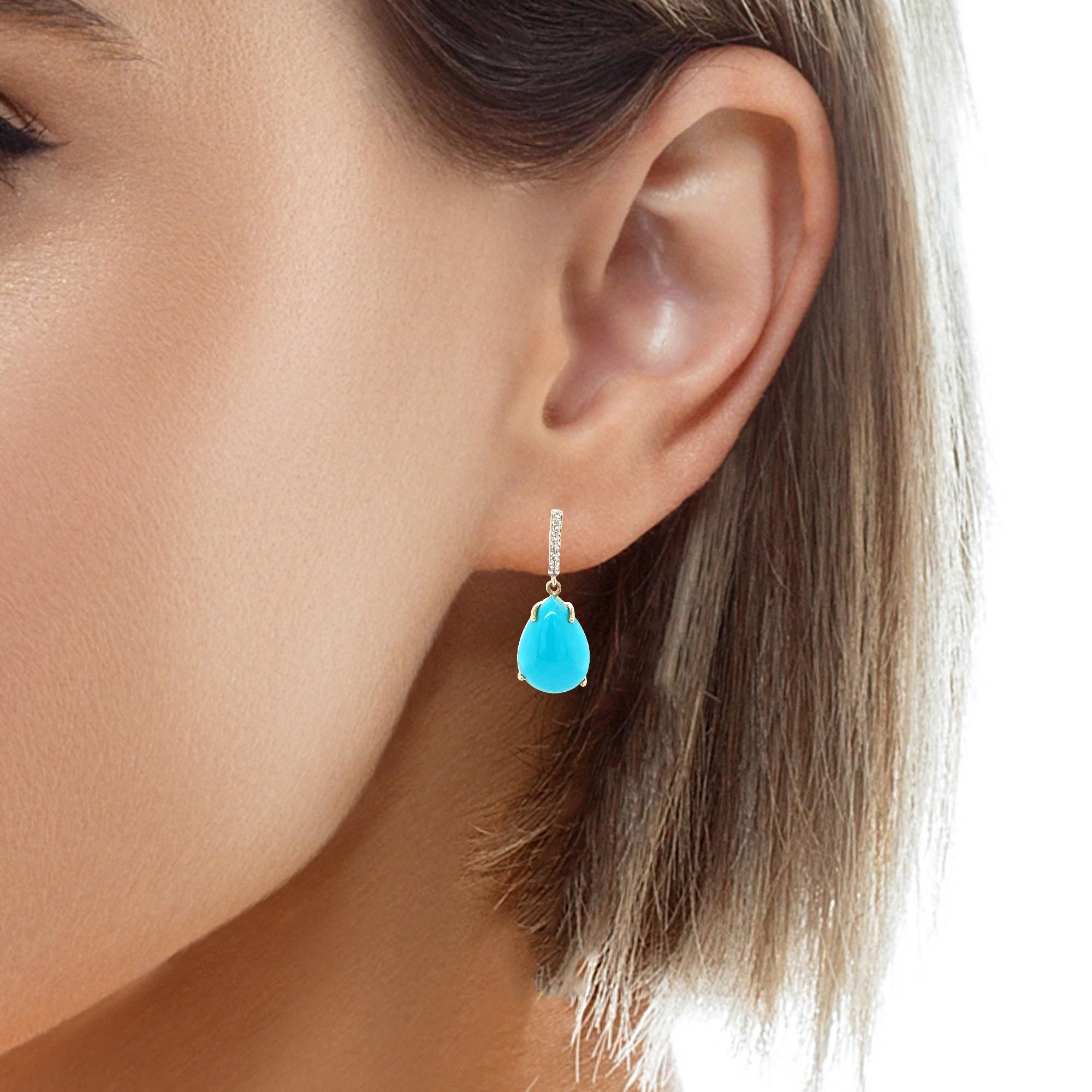 Women's or Men's Sleeping Beauty Turquoise Cabochons Diamond Drop Earrings in Yellow Gold