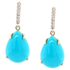 Sleeping Beauty Turquoise Cabochons Diamond Drop Earrings in Yellow Gold