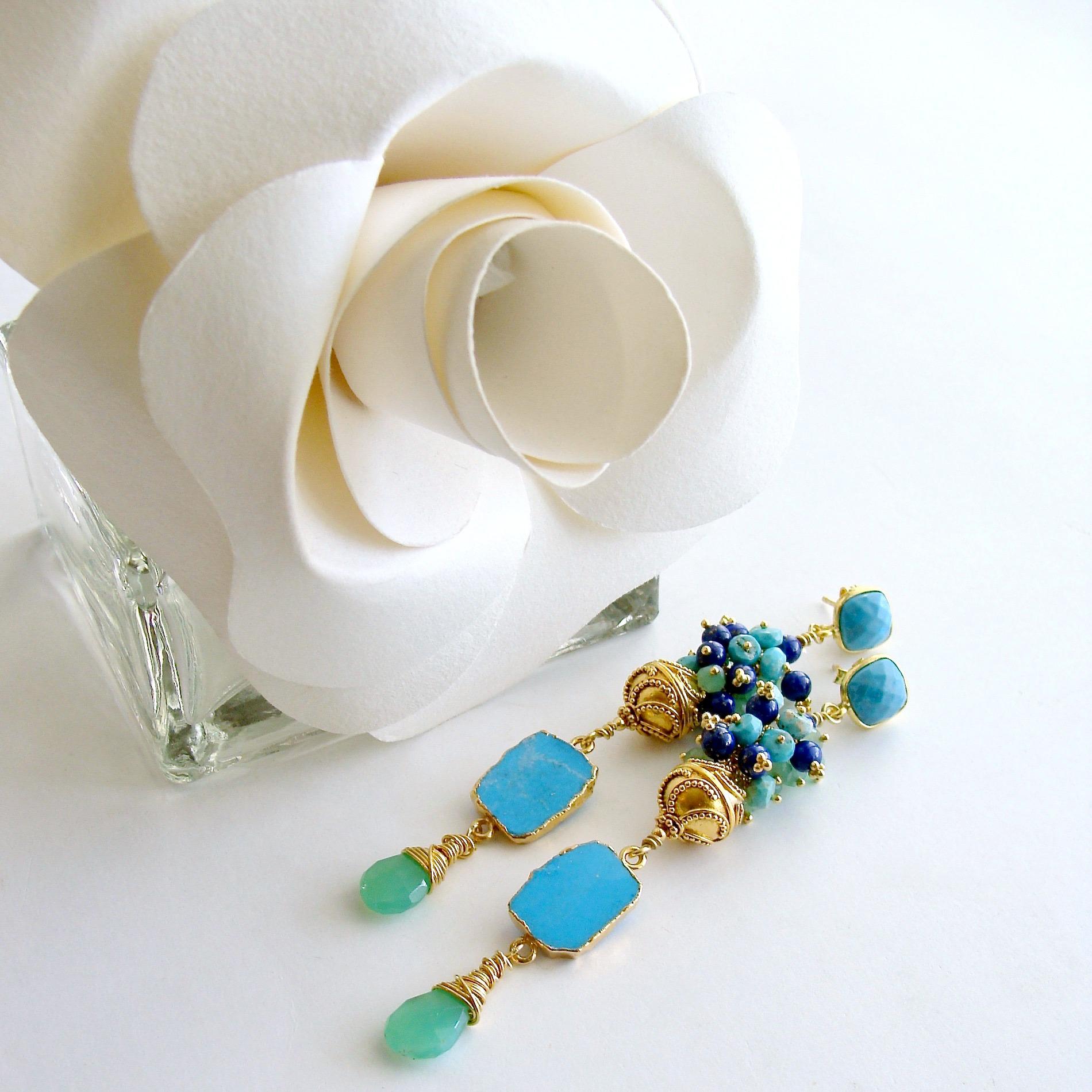 Sleeping Beauty Turquoise Chrysoprase Lapis Cluster Earrings In New Condition In Colleyville, TX