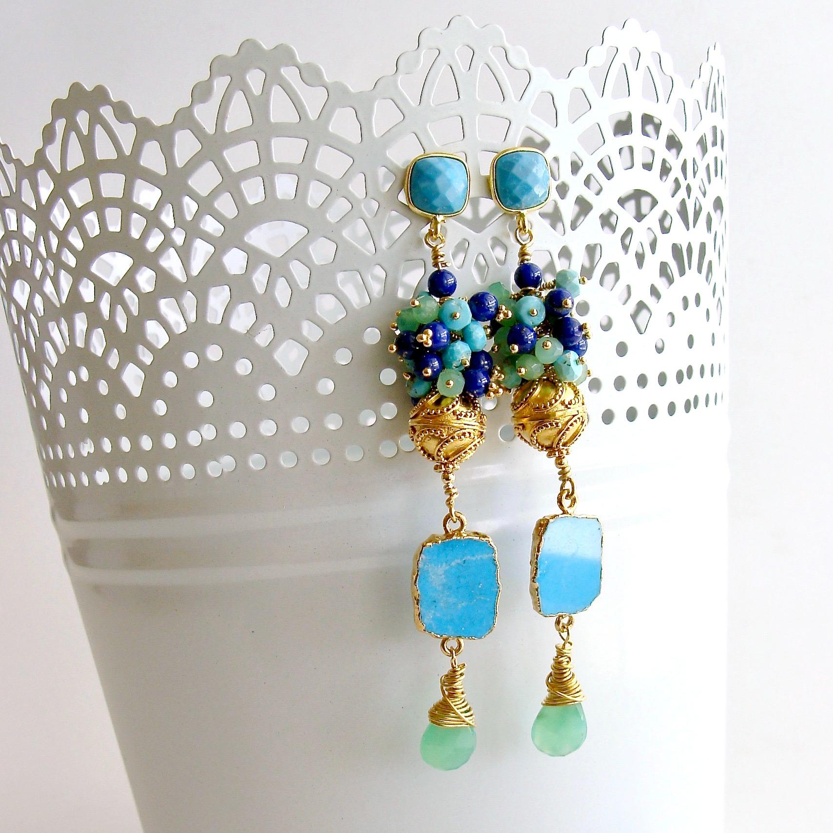 Sleeping Beauty Turquoise Chrysoprase Lapis Cluster Earrings, Morgaine Duster E In New Condition In Colleyville, TX