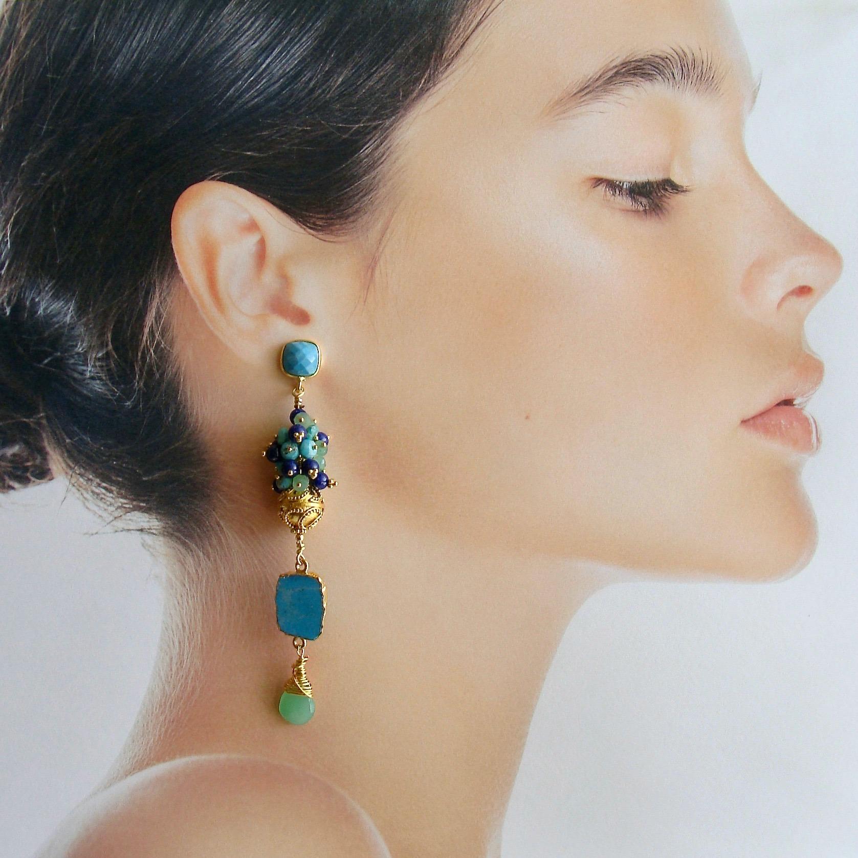 Women's Sleeping Beauty Turquoise Chrysoprase Lapis Cluster Earrings, Morgaine Duster E