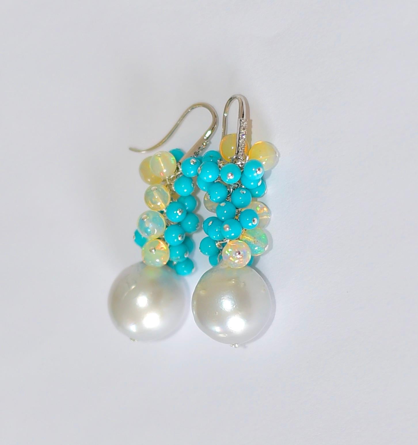 Artisan Sleeping Beauty Turquoise, Crystal Opal Earrings in 14K Solid White Gold For Sale