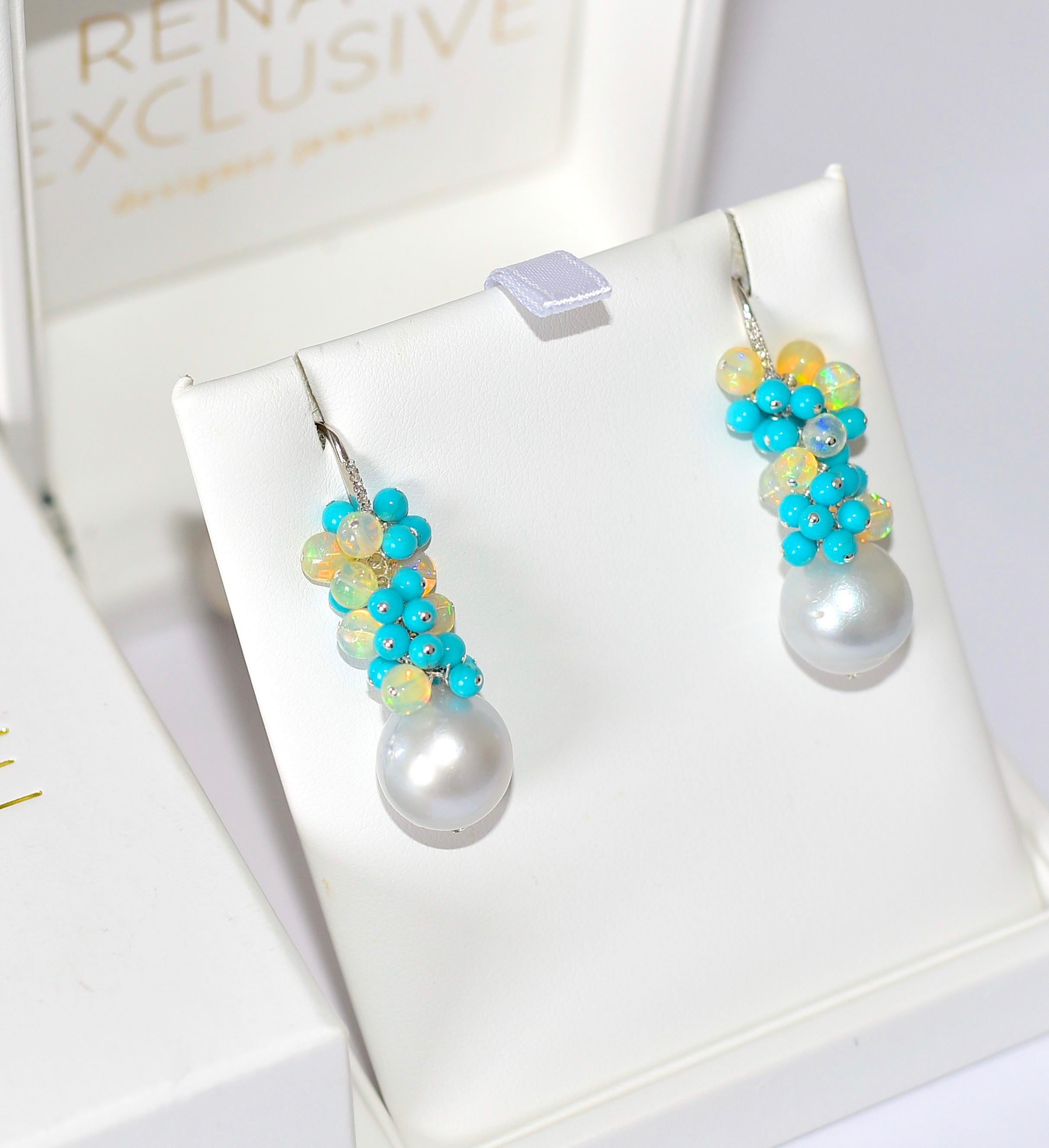 Bead Sleeping Beauty Turquoise, Crystal Opal Earrings in 14K Solid White Gold For Sale