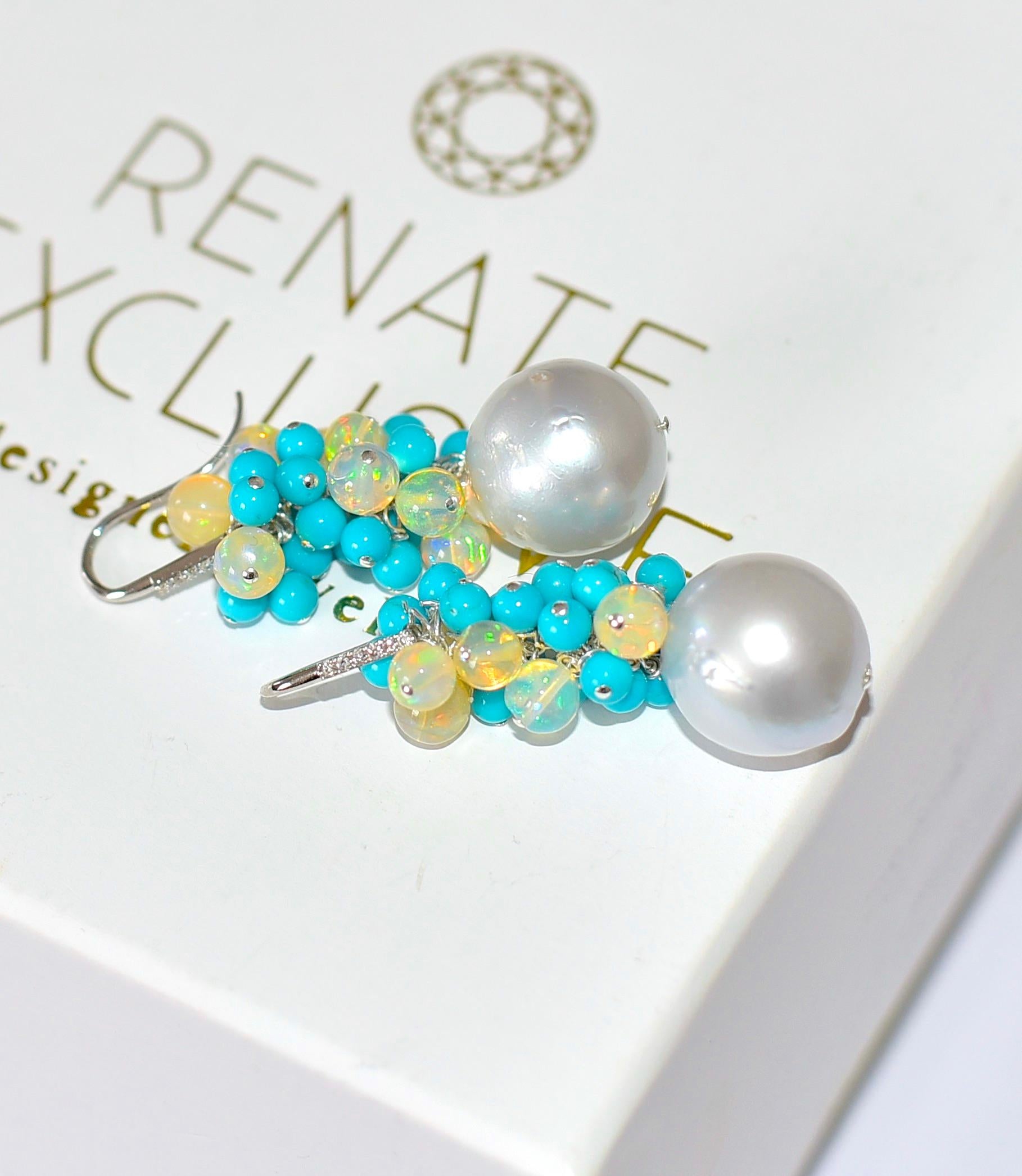 Sleeping Beauty Turquoise, Crystal Opal Earrings in 14K Solid White Gold In New Condition For Sale In Astoria, NY