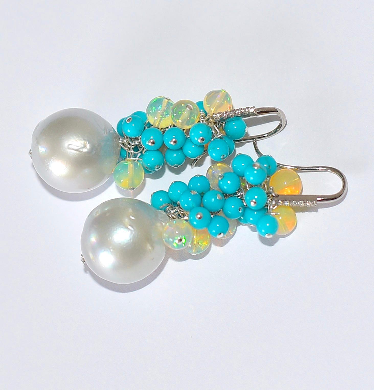 Women's Sleeping Beauty Turquoise, Crystal Opal Earrings in 14K Solid White Gold For Sale