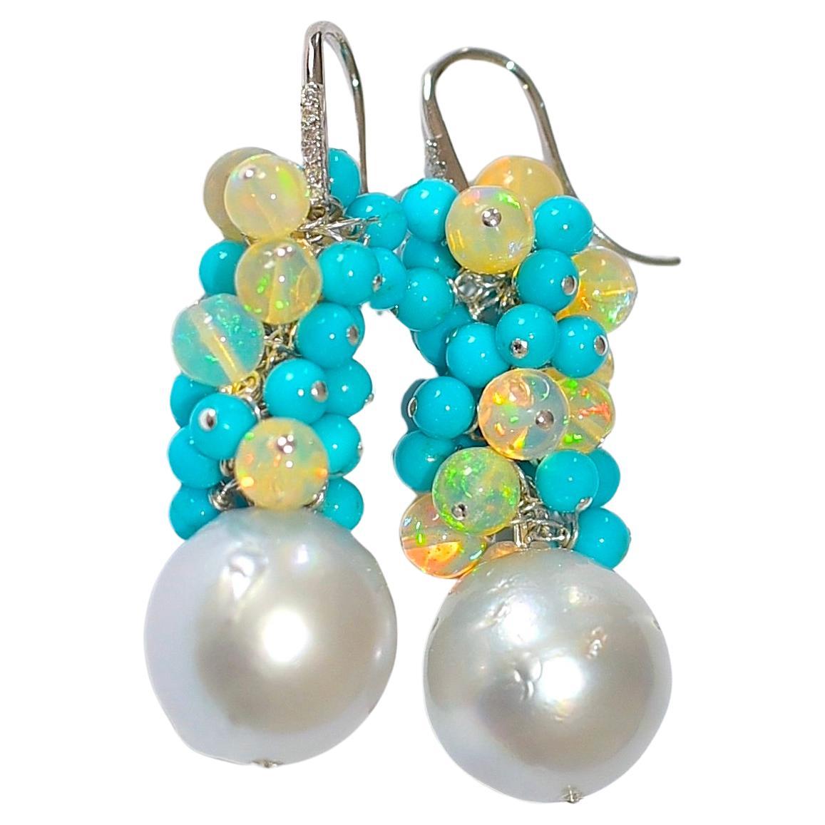 Sleeping Beauty Turquoise, Crystal Opal Earrings in 14K Solid White Gold