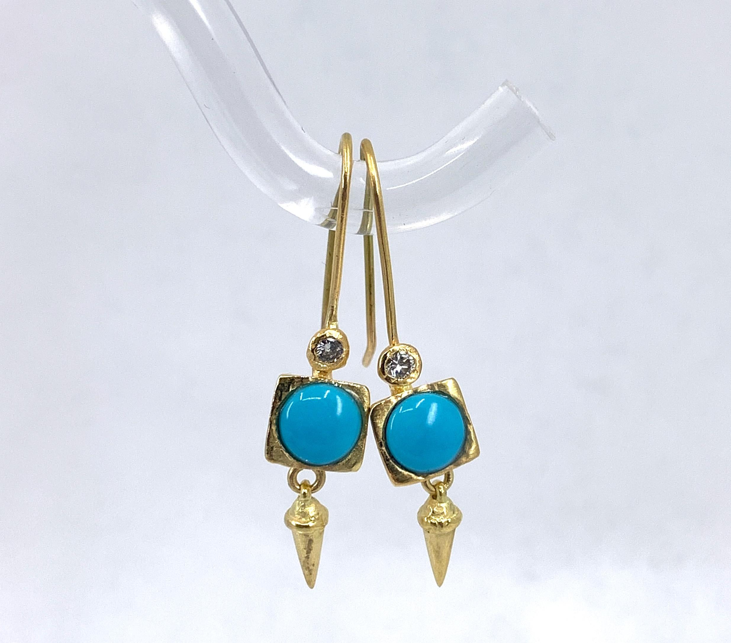 Contemporary Sleeping Beauty Turquoise Dangle Earrings with Diamond Accents in 18 Karat Gold