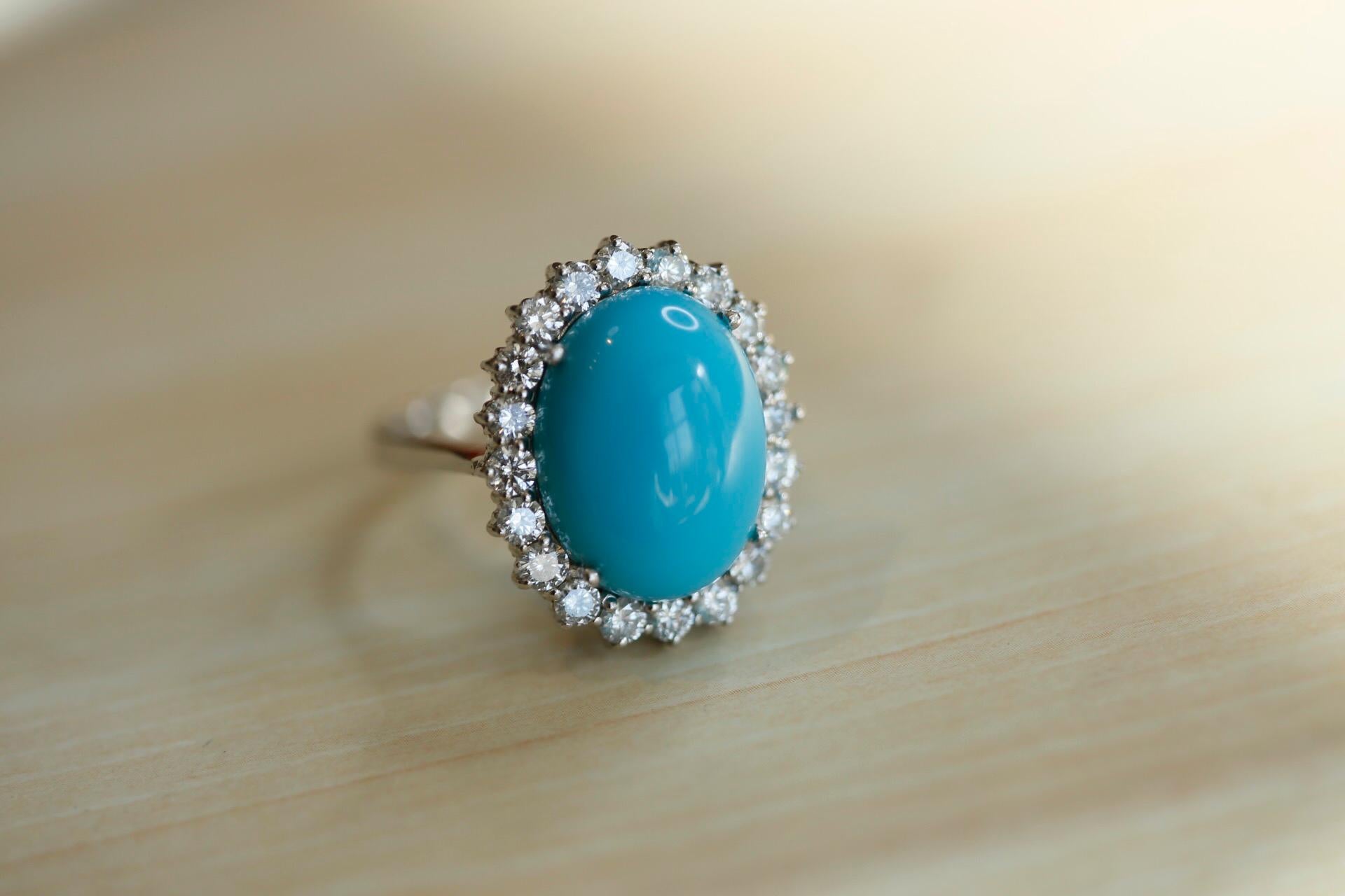Women's or Men's Sleeping Beauty Turquoise Diamond 18 Karat White Gold Ring