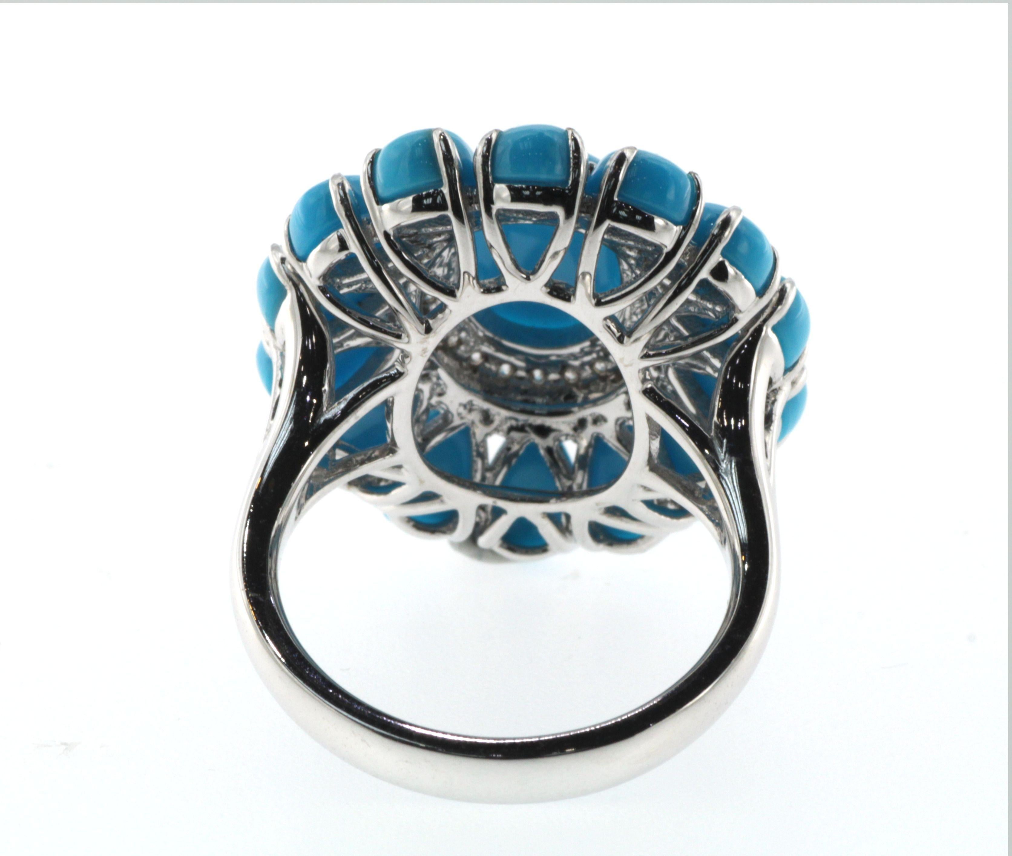 Mixed Cut Sleeping Beauty Turquoise Diamond Cluster Ring in 14 Karat White Gold
