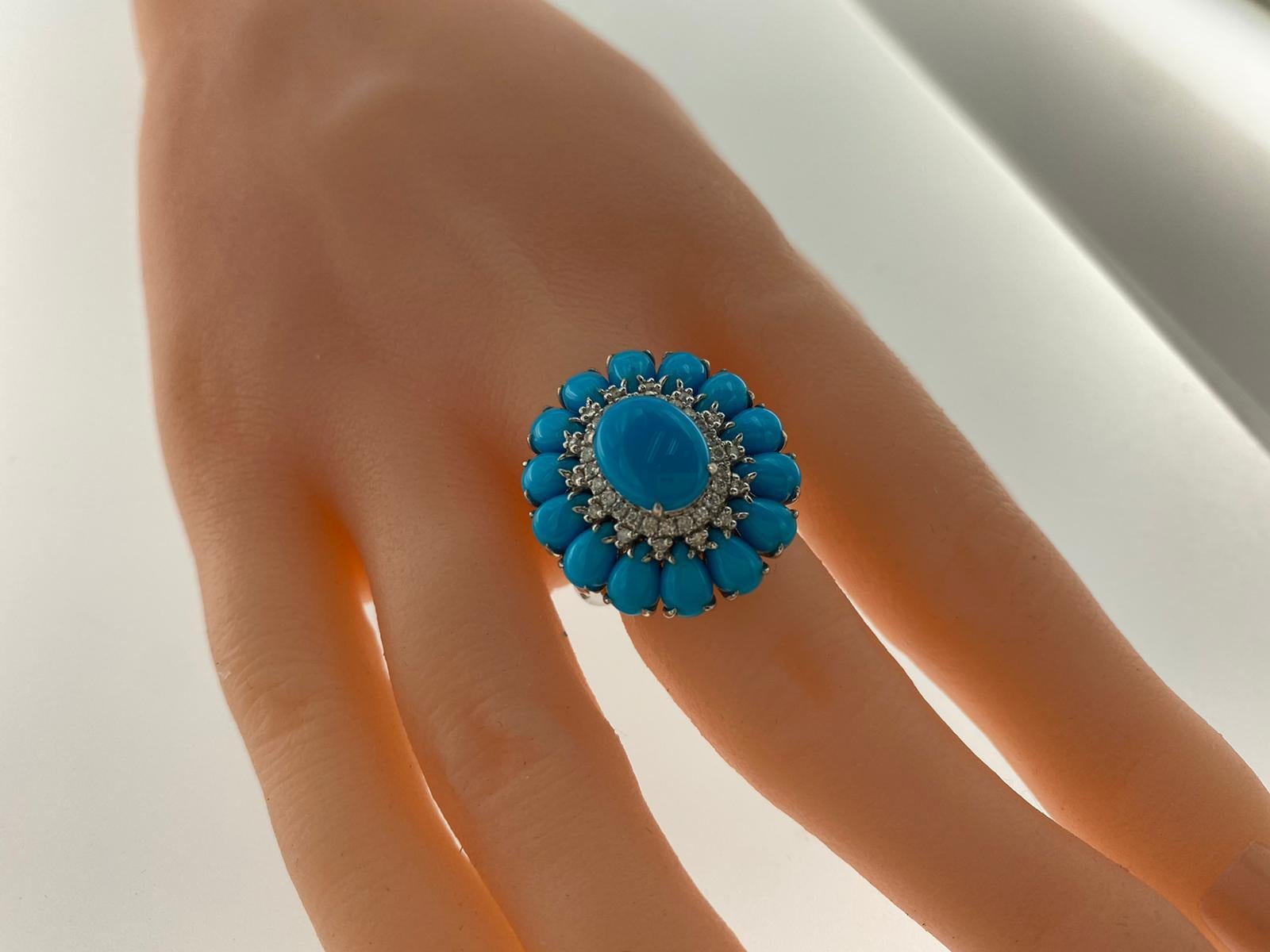 Women's Sleeping Beauty Turquoise Diamond Cluster Ring in 14 Karat White Gold