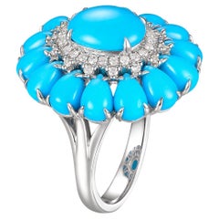 Sleeping Beauty Turquoise Diamond Cluster Ring in 14 Karat White Gold