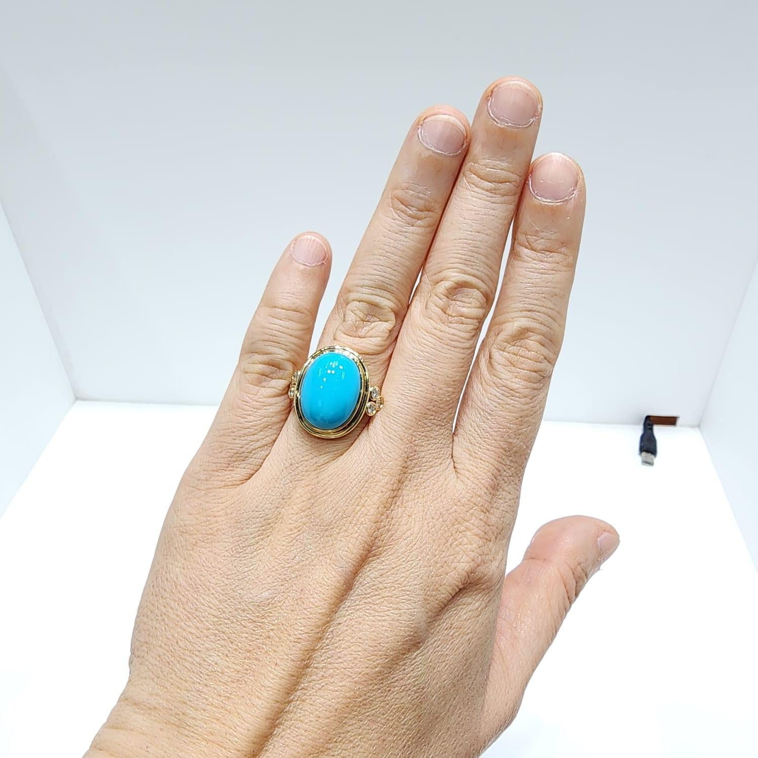 This ring features a 7.90 carat sleeping beauty turquoise. All turquoise use in production are from the prominent Sleeping Beauty Mine. Famous for it solid, light blue color with no matrix. Assented with 0.24 carat of white round diamonds. Ring is