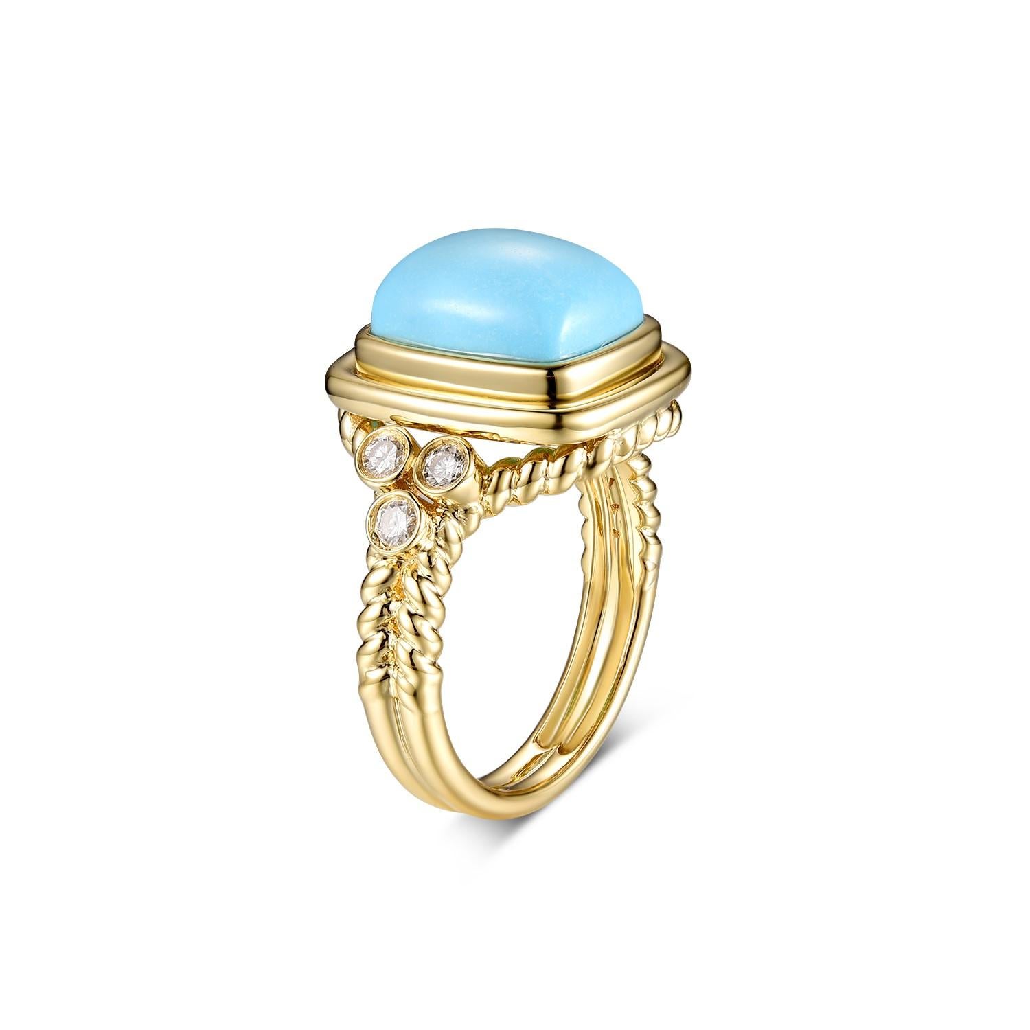 This ring features a 4.25 carat sleeping beauty turquoise. All turquoise use in production are from the prominent Sleeping Beauty Mine. Famous for it solid, light blue color with no matrix. Assented with 0.27 carat of white round diamonds. Ring is