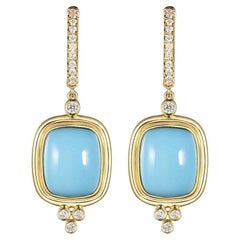 Sleeping Beauty Turquoise Diamond Dangle Drop Earrings in 18 Karat Yellow Gold