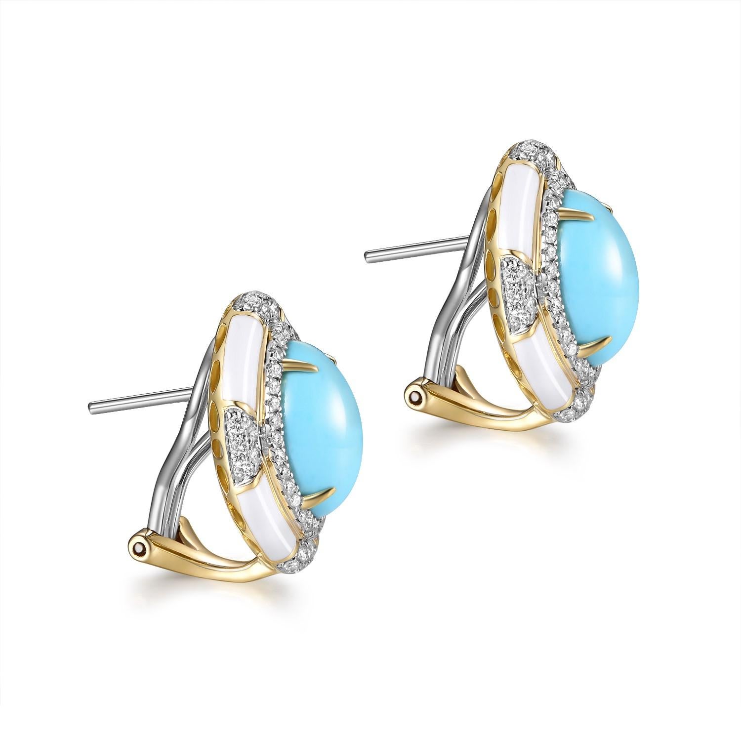 Encased in the purest 18K gold, these exquisite earrings present a captivating interplay of color and light, each featuring an oval turquoise centerpiece of 4.24 carats. The turquoise, with its serene blue hue reminiscent of a clear sky, is