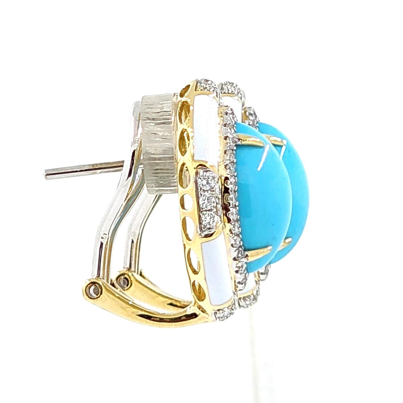 Contemporary Sleeping Beauty Turquoise Diamond Enamel Earring in 18 Karat Yellow Gold