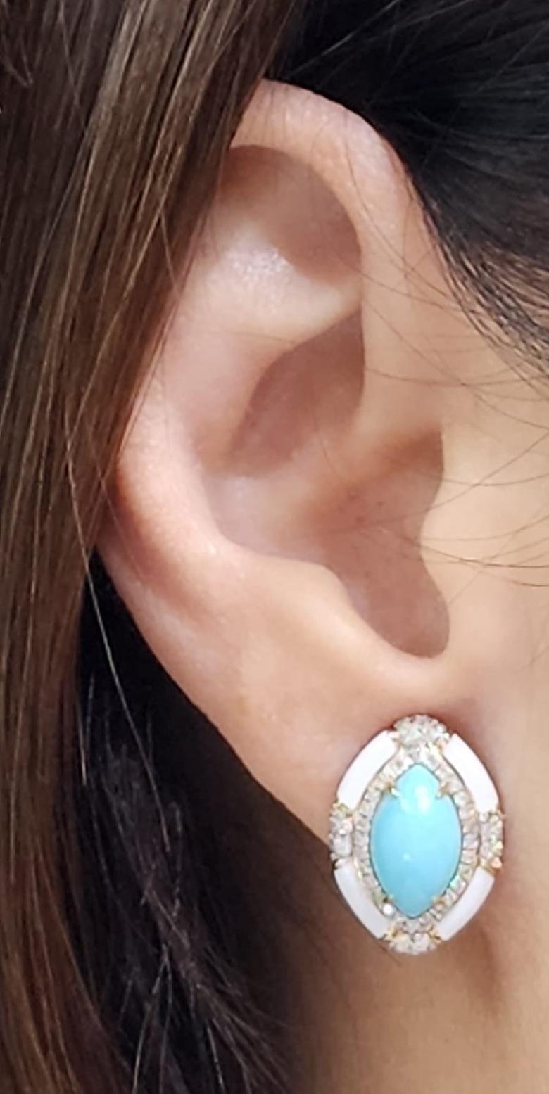 Marquise Cut Sleeping Beauty Turquoise Diamond Enamel Earring in 18 Karat Yellow Gold