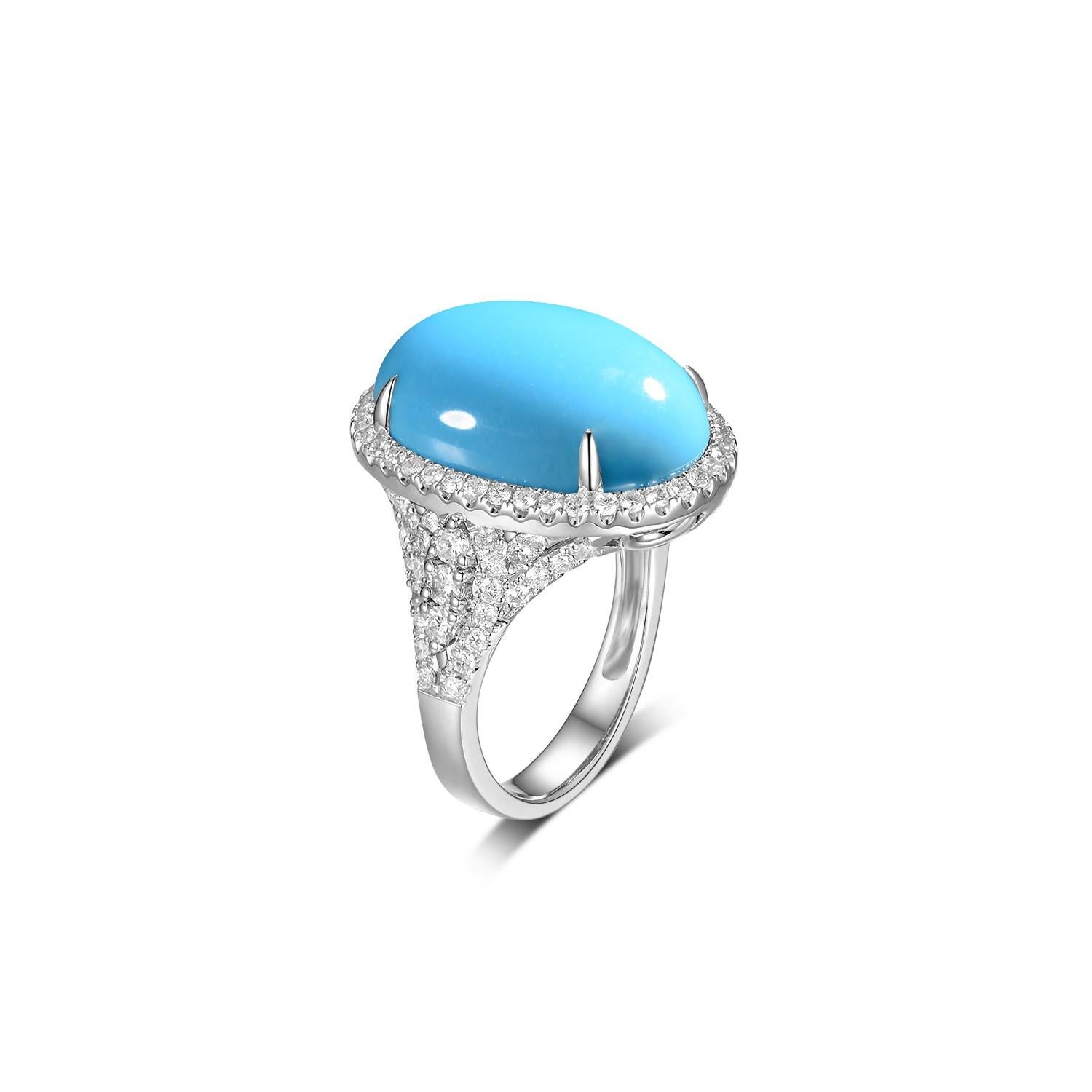 This ring features a 11.28 carat sleeping beauty turquoise. All turquoise use in production are from the prominent Sleeping Beauty Mine. Famous for it solid, light blue color with no matrix. Assented with 0.9 carat of white round diamonds. Ring is
