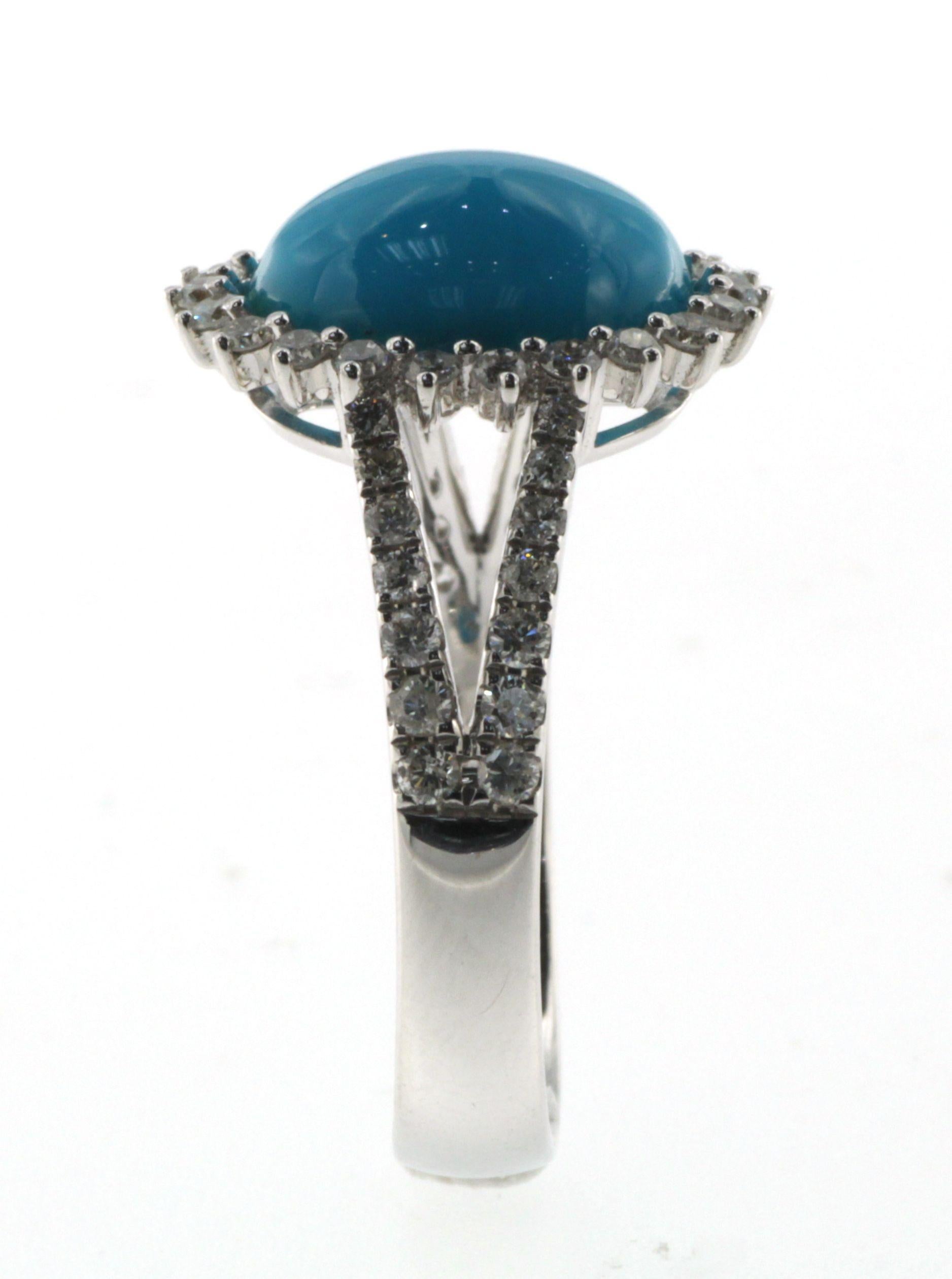 Oval Cut Sleeping Beauty Turquoise Diamond Ring in 14 Karat White Gold  For Sale