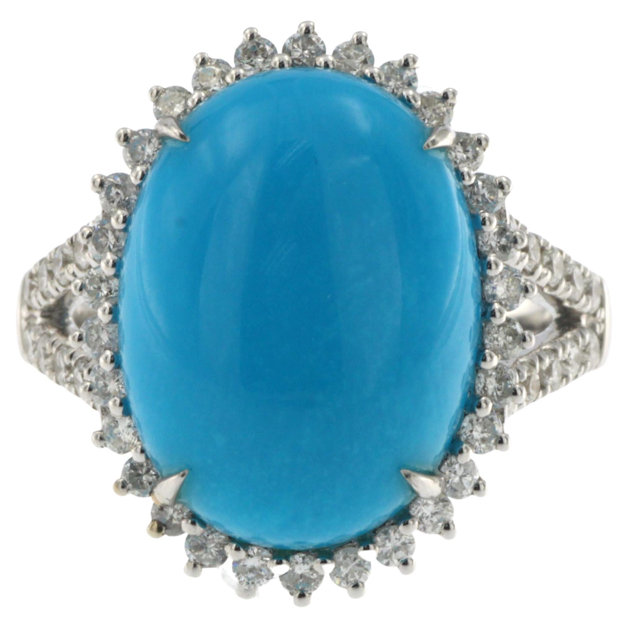 Bague Sleeping Beauty en or blanc 14 carats avec turquoise et diamants 