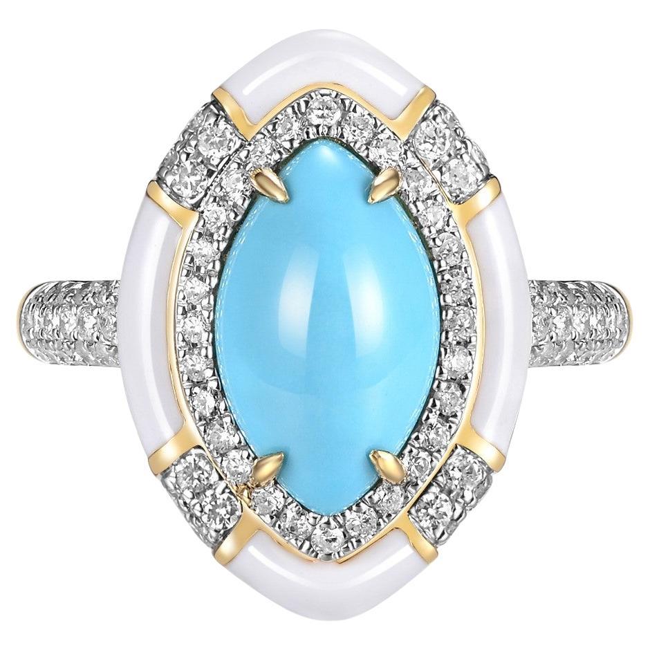 Sleeping Beauty Turquoise Diamond Ring in 18 Karat Yellow Gold with Enamel For Sale