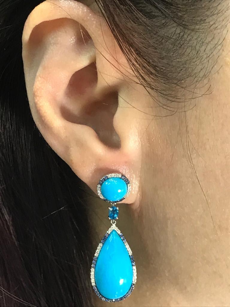 Pear Cut Sleeping Beauty Turquoise Diamond Sapphire Dangle Drop Earring in 18 Karat Gold