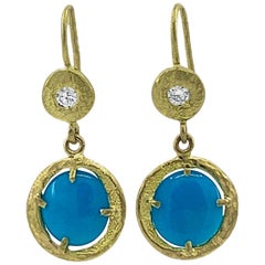 Sleeping Beauty Turquoise Disc and Diamond Earrings in Textured 18 Karat Gold