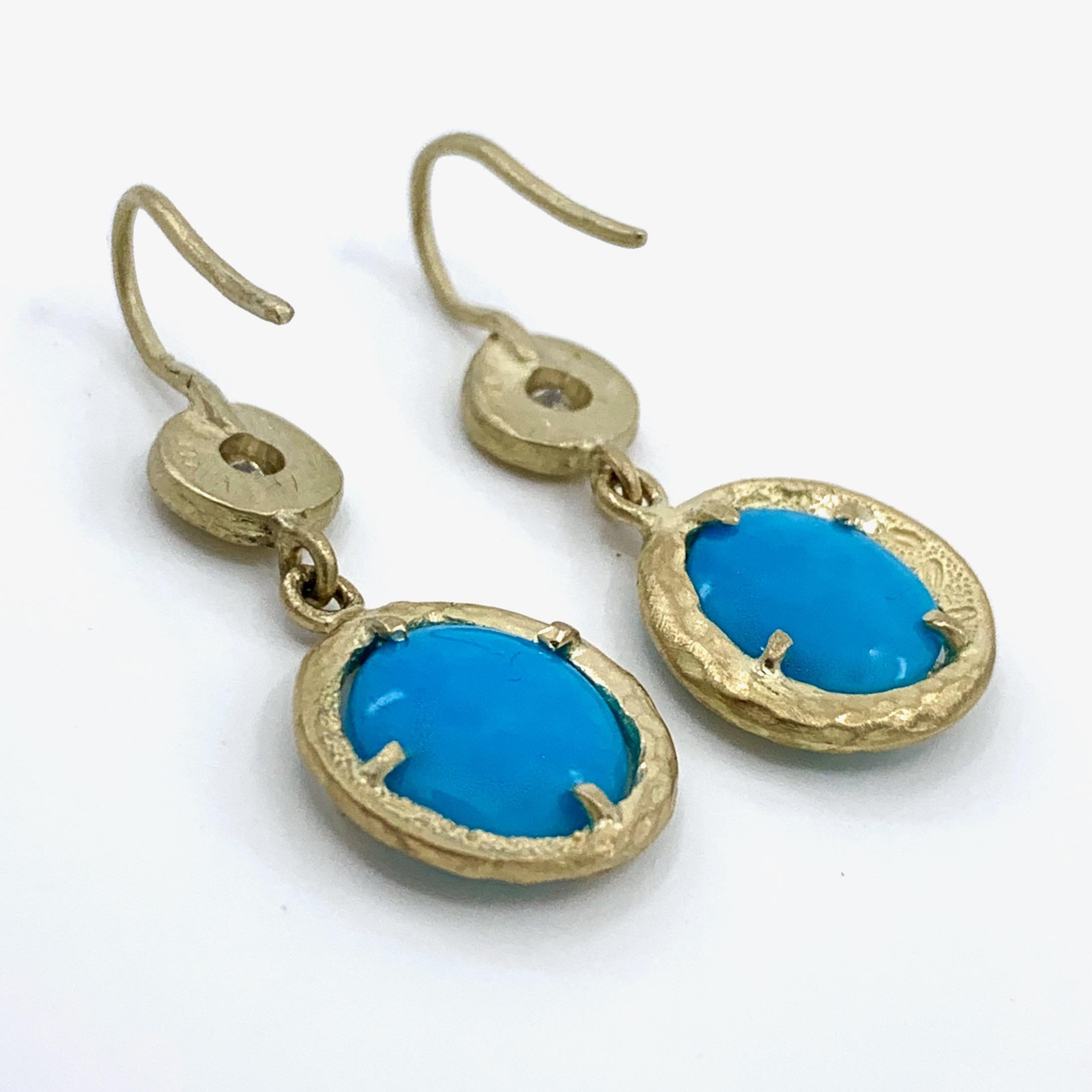 Sleeping Beauty Turquoise Disc and Diamond Earrings in Textured 18 Karat Gold 4