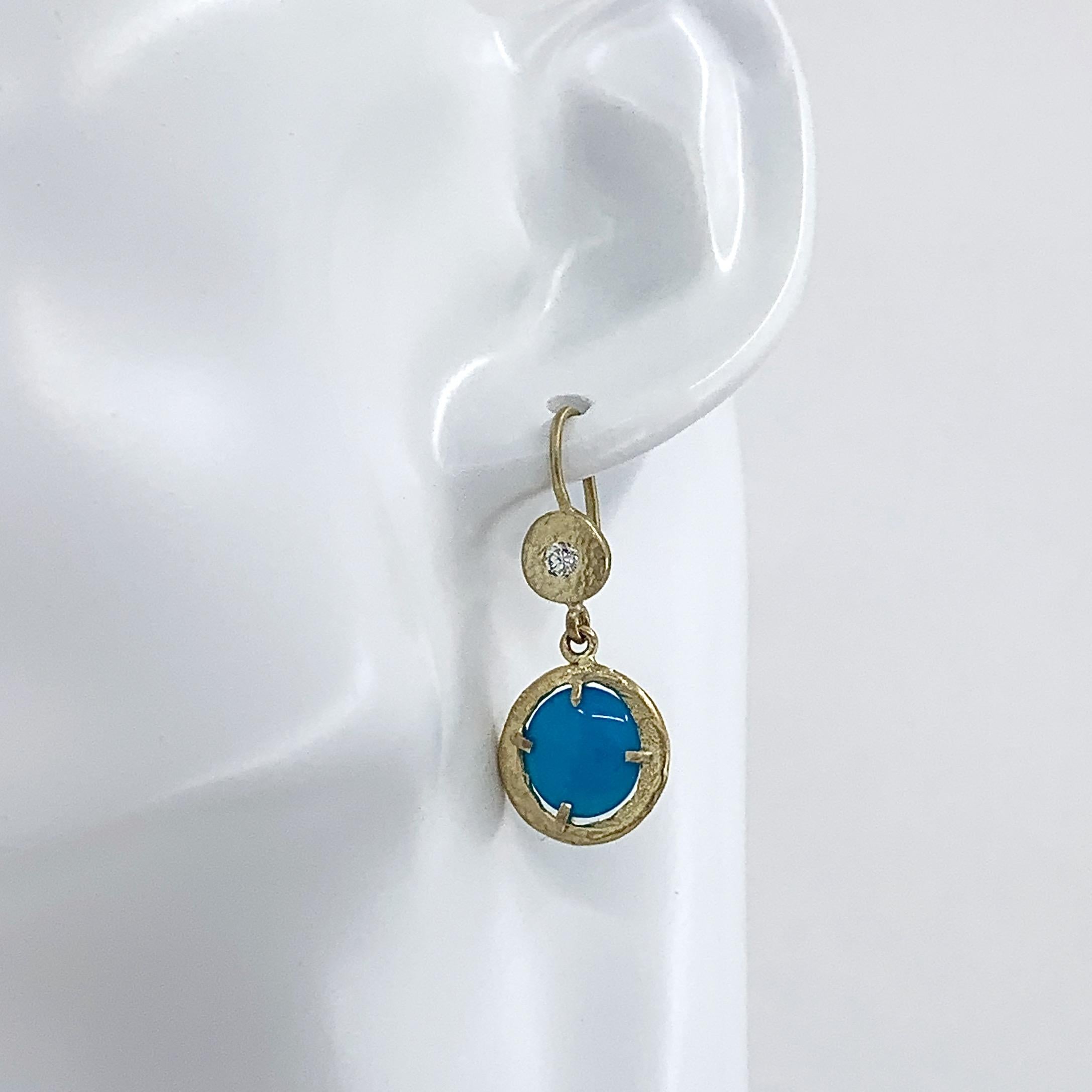 Contemporary Sleeping Beauty Turquoise Disc and Diamond Earrings in Textured 18 Karat Gold