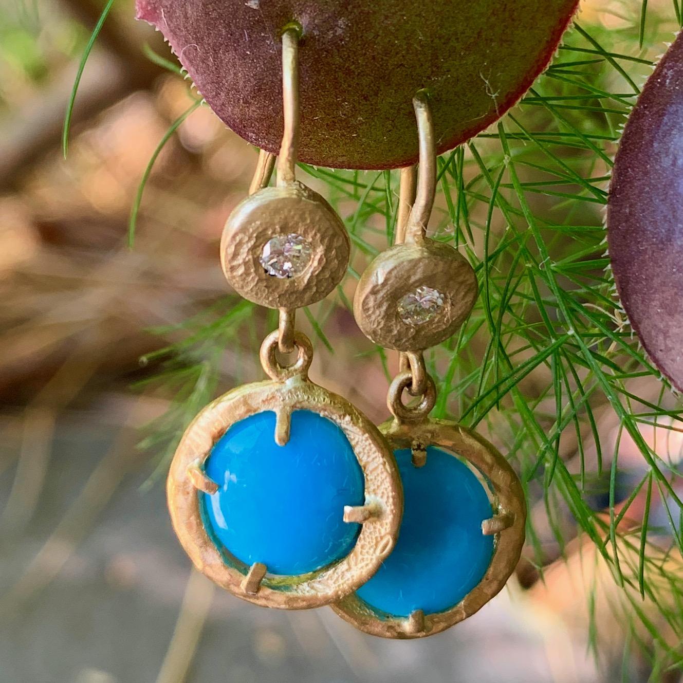 Brilliant Cut Sleeping Beauty Turquoise Disc and Diamond Earrings in Textured 18 Karat Gold