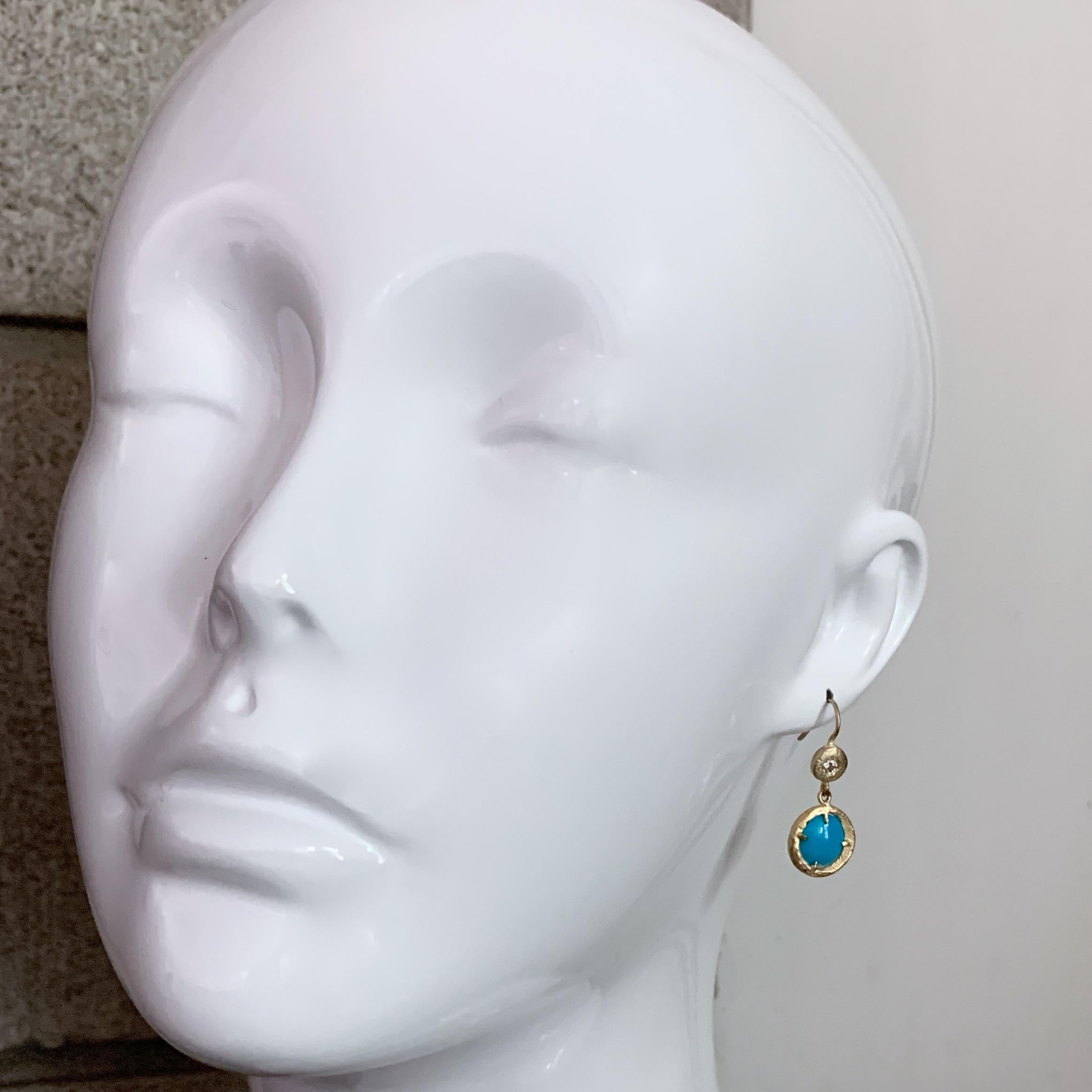Sleeping Beauty Turquoise Disc and Diamond Earrings in Textured 18 Karat Gold 1