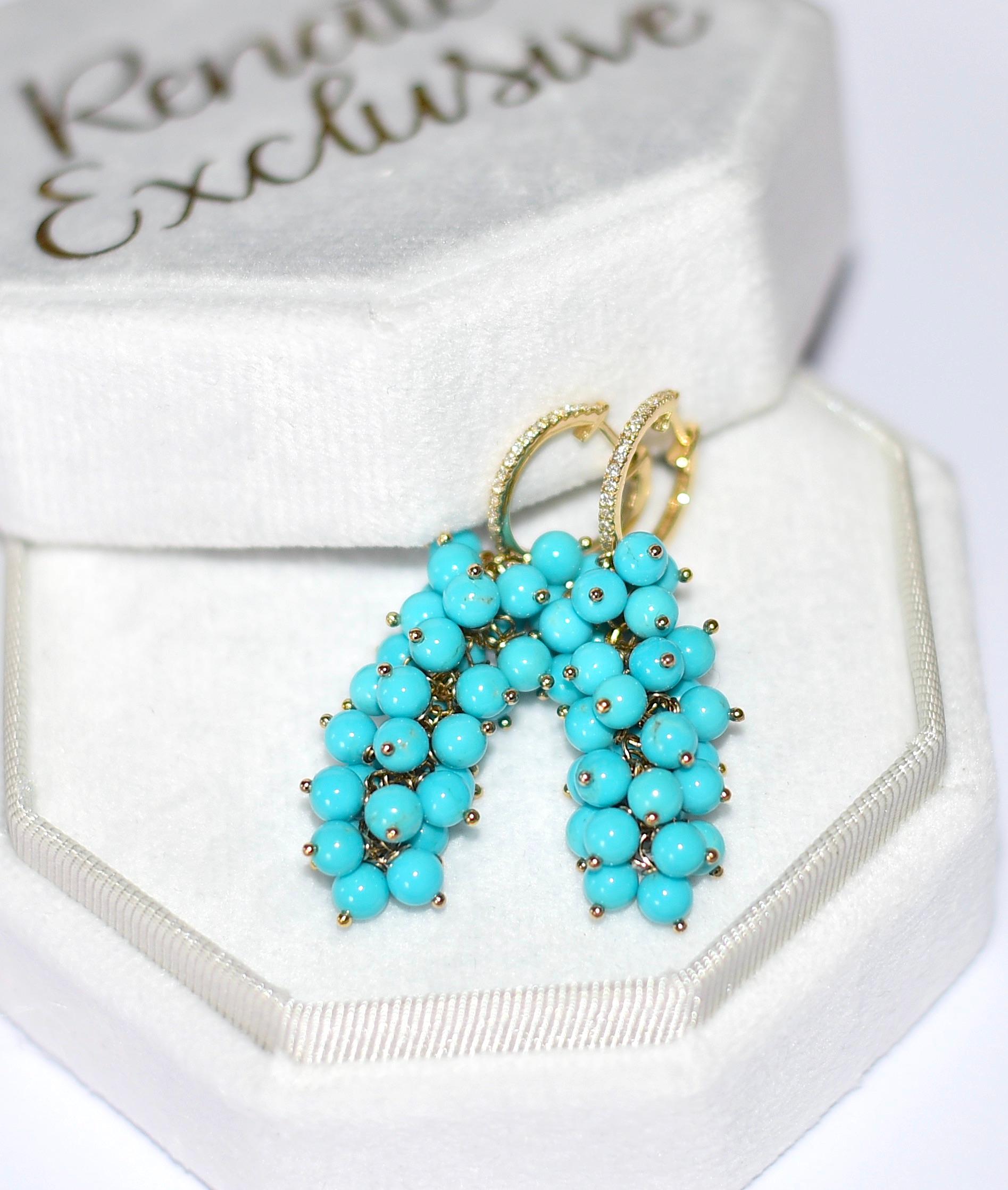 Tens and tens of Sleeping Beauty Turquoise beads (4,3mm) have been painstakingly hand-linked with diamonds earrings hoops. Amazingly beautiful turquoise color earrings and Diamonds are the girl's best friend! True! 
Length: 1.70 inches
Before you